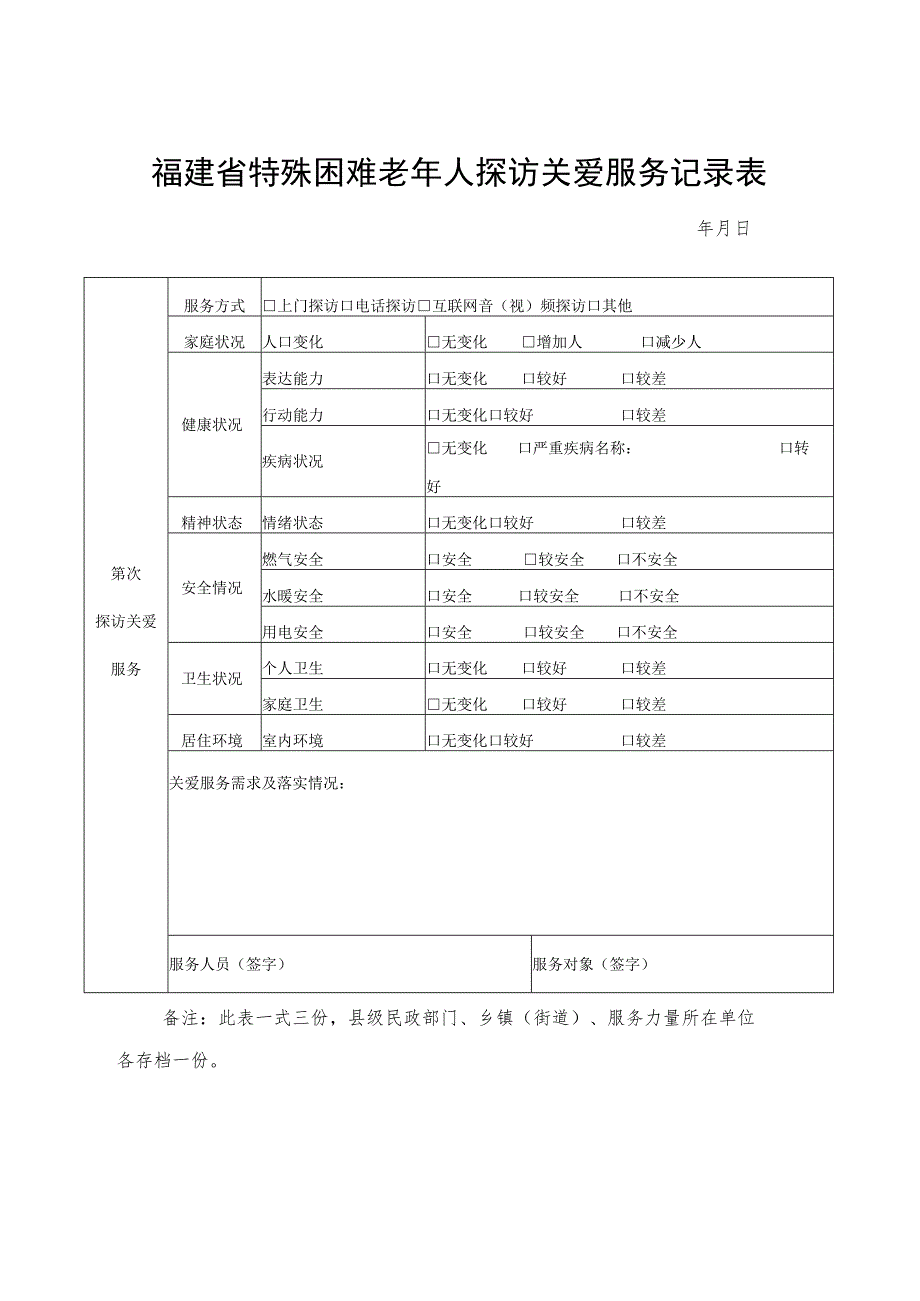 福建省特殊困难老年人探访关爱服务记录表.docx_第1页