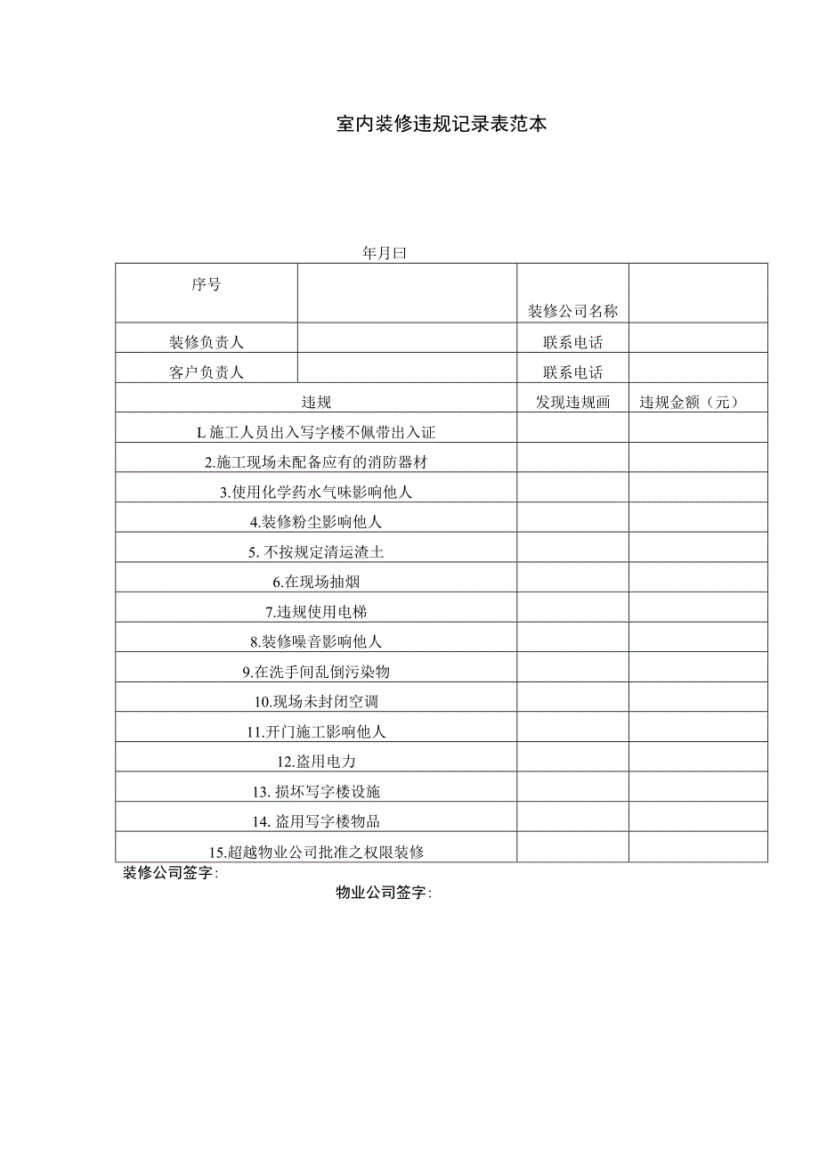 室内装修违规记录表范本.docx_第1页