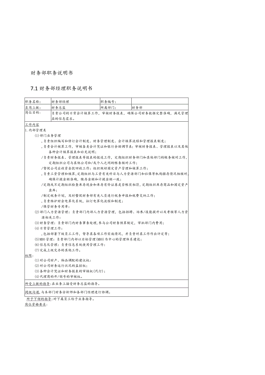 财务部职务说明书1财务部经理职务说明书.docx_第1页