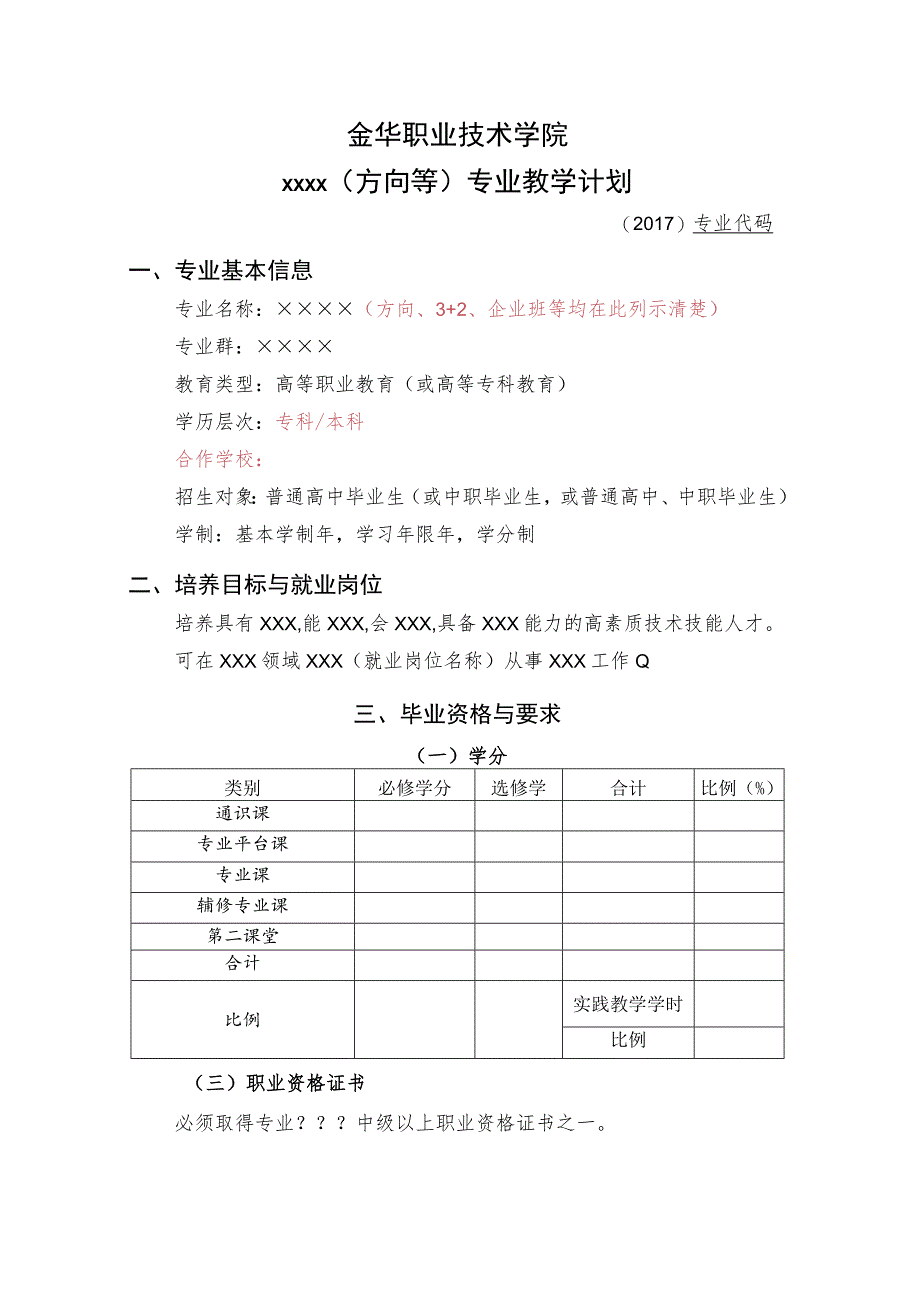 金华职业技术学院××××方向等专业教学计划.docx_第1页