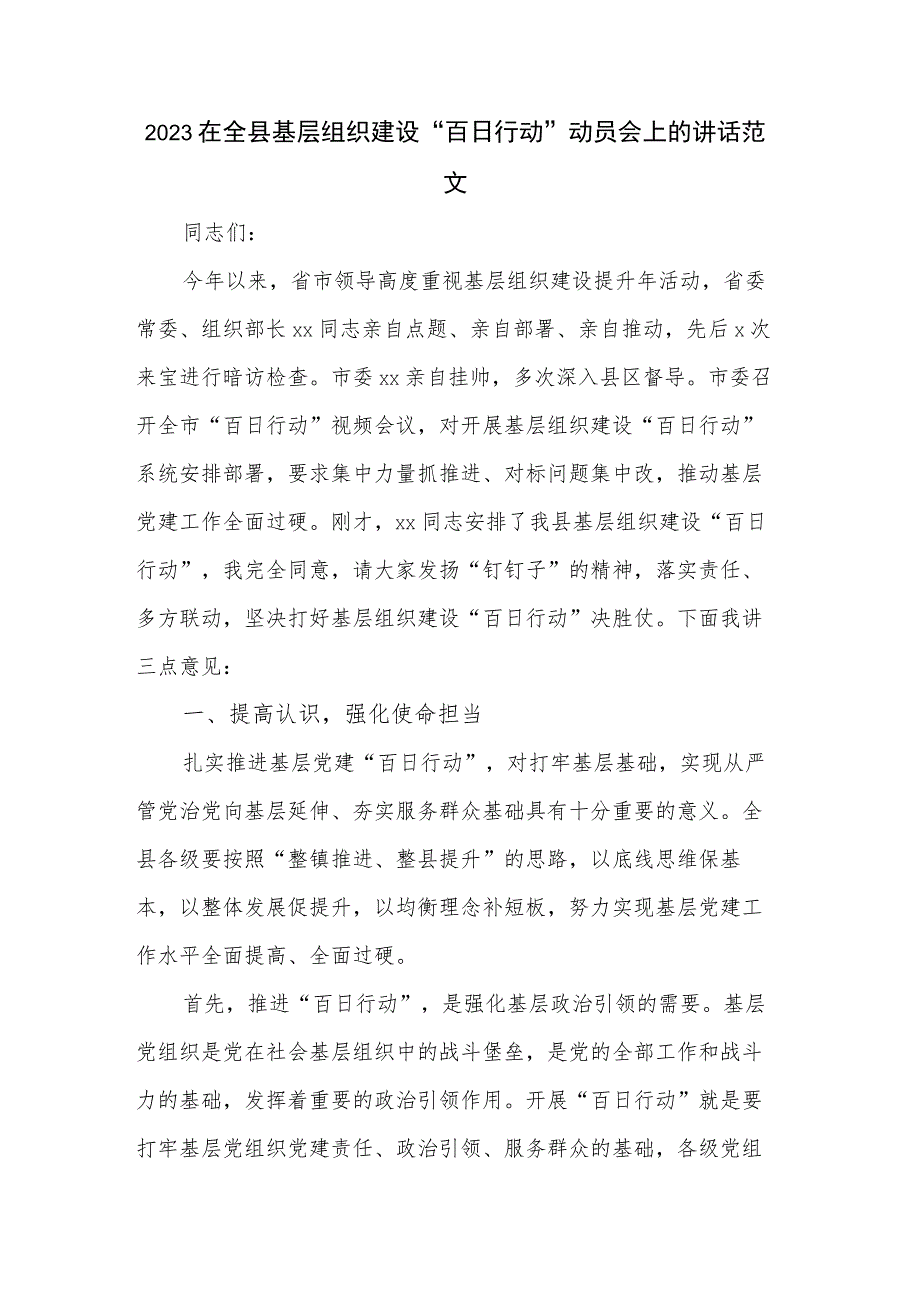 2023在全县基层组织建设“百日行动”动员会上的讲话范文.docx_第1页