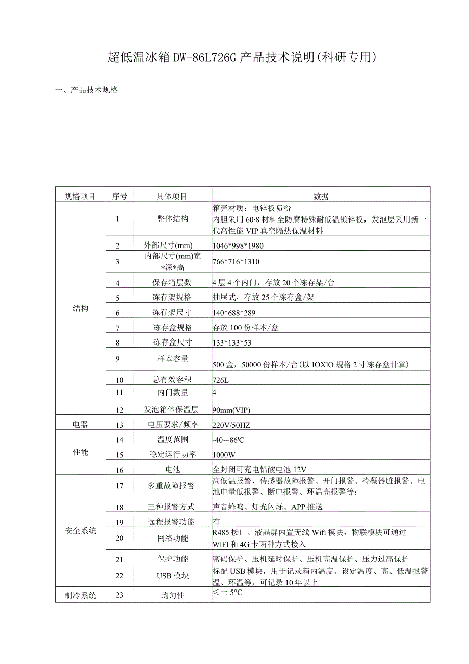 超低温冰箱DW-86L726G产品技术说明科研专用.docx_第1页