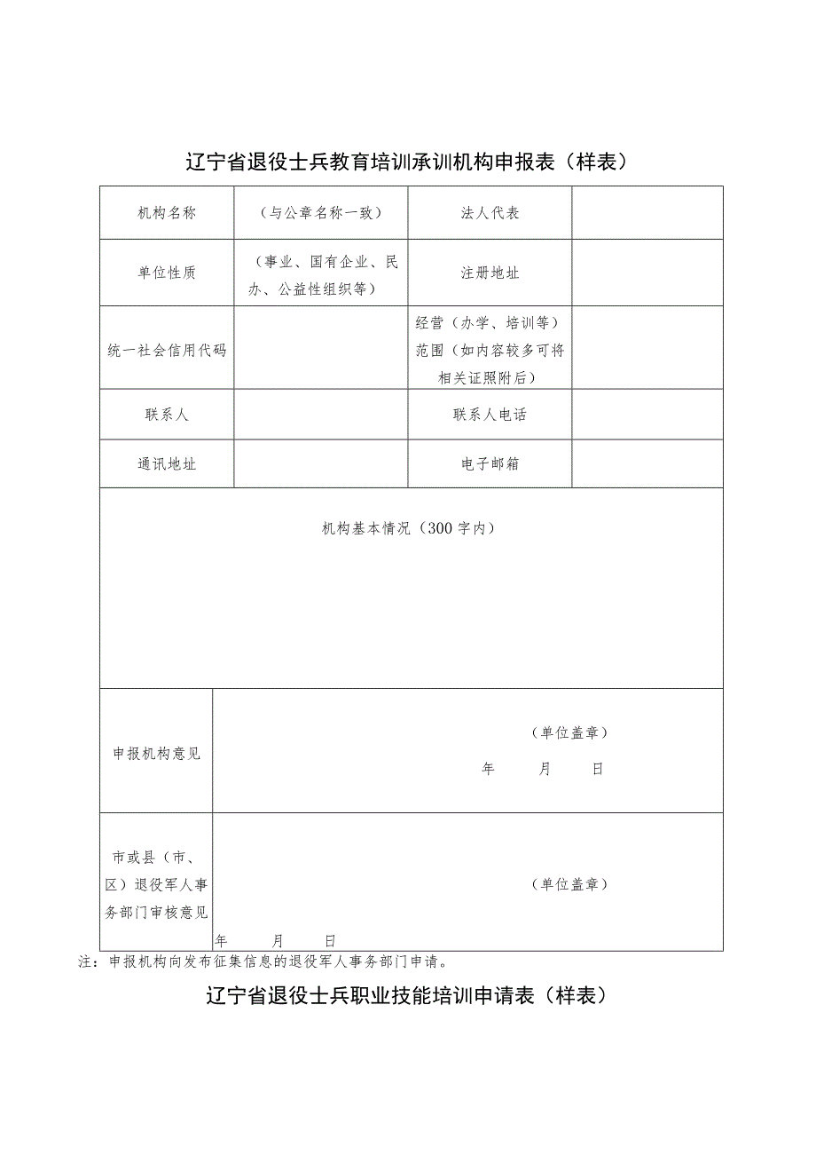 辽宁省退役士兵教育培训承训机构申报表样表.docx_第1页