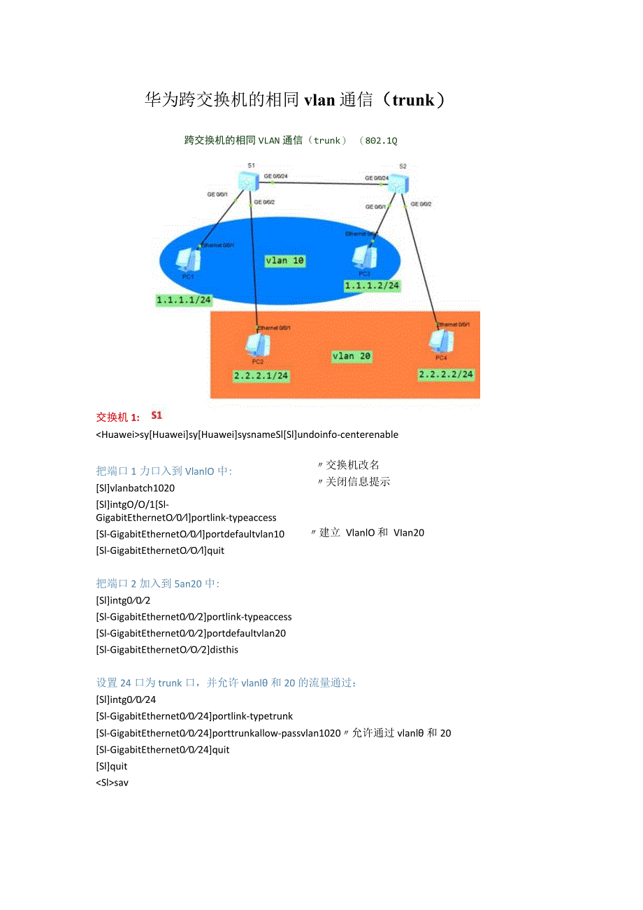 华为跨交换机的相同vlan通信（trunk）.docx_第1页