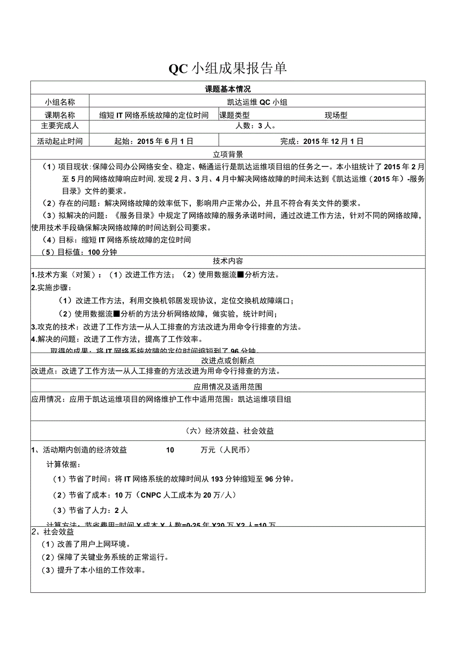 质量管理QC小组成果报告单-缩短IT网络系统故障的定位时间.docx_第1页