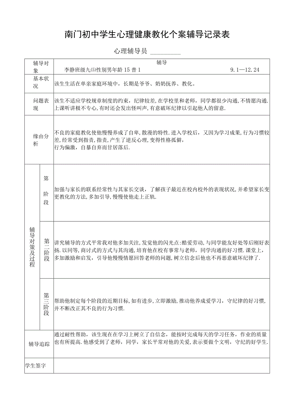 南门初中学生心理健康教育个案辅导记录表.docx_第1页