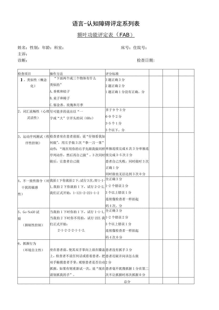 康复医学科额叶功能评定表.docx_第1页