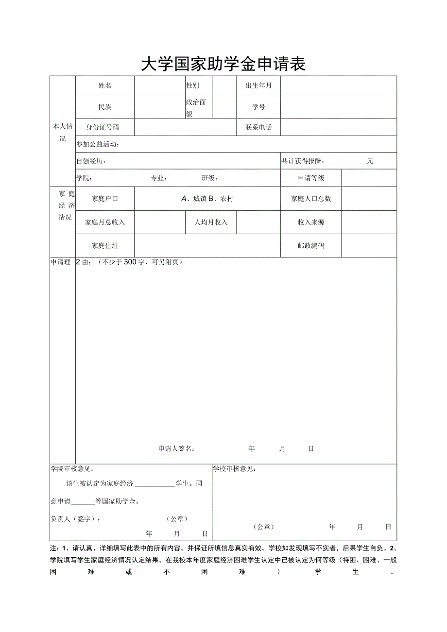 大学国家助学金申请表.docx_第1页