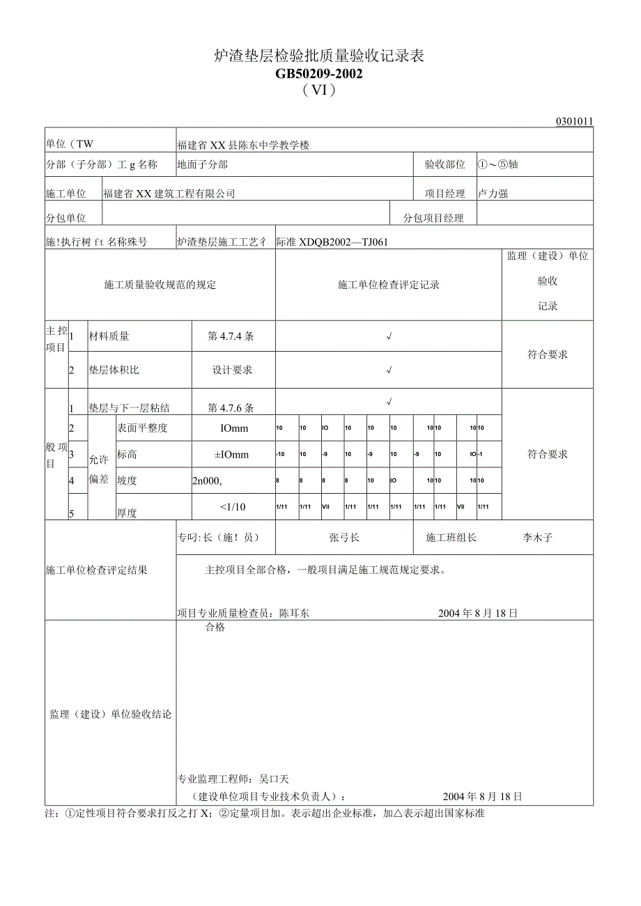 炉渣垫层检验批质量验收记录表.docx_第1页