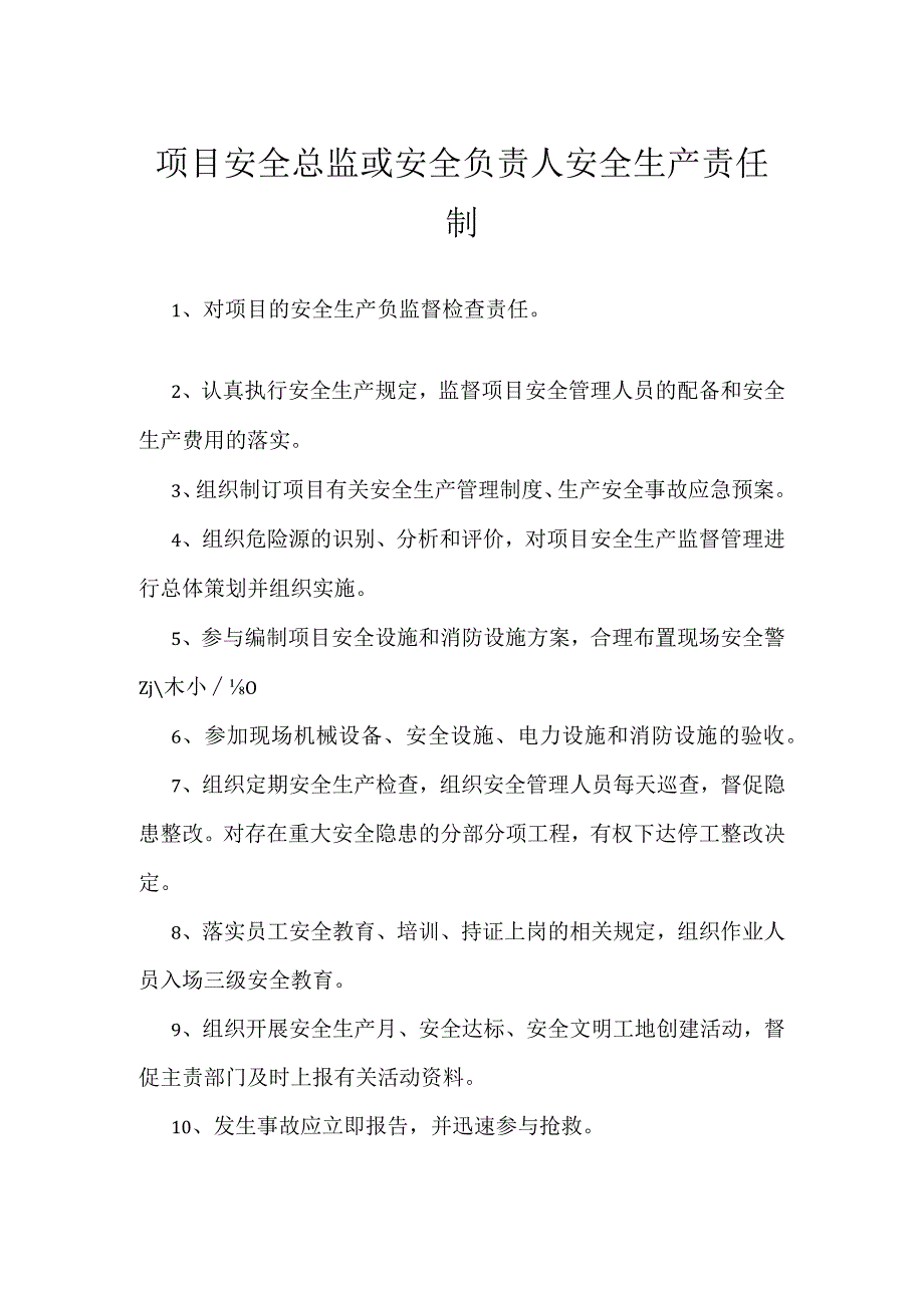 项目安全总监或安全负责人安全生产责任制模板范本.docx_第1页