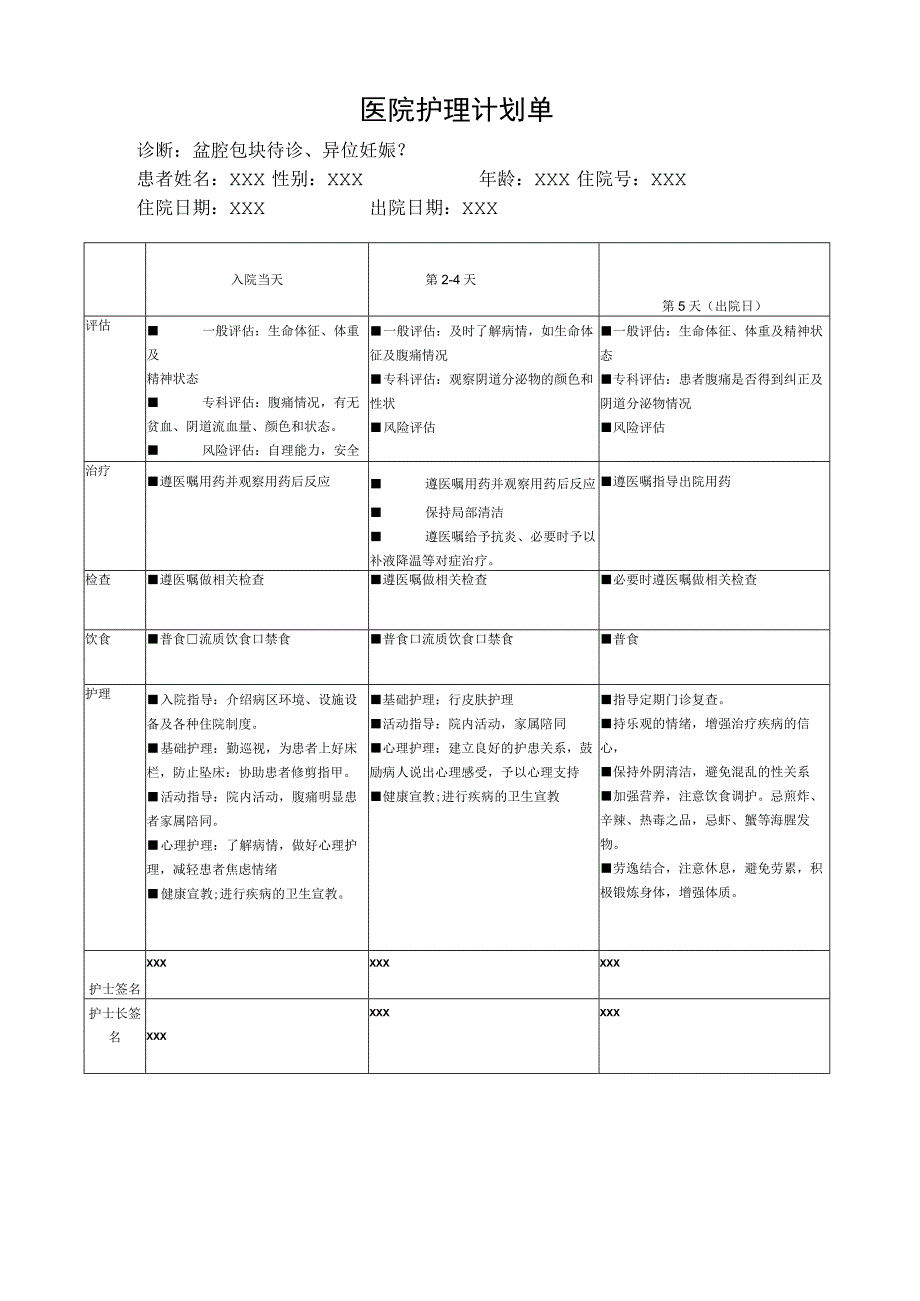 腹痛或宫外孕保守计划单.docx_第1页