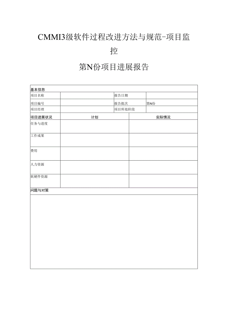 CMMI3级软件过程改进方法与规范-项目监控-项目进展报告.docx_第1页