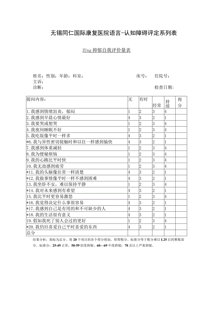 康复医学科-ZUNG抑郁自我评价表.docx_第1页