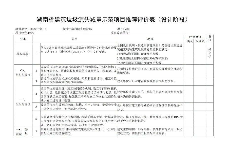 湖南省建筑垃圾源头减量示范项目推荐评价表设计阶段.docx_第1页