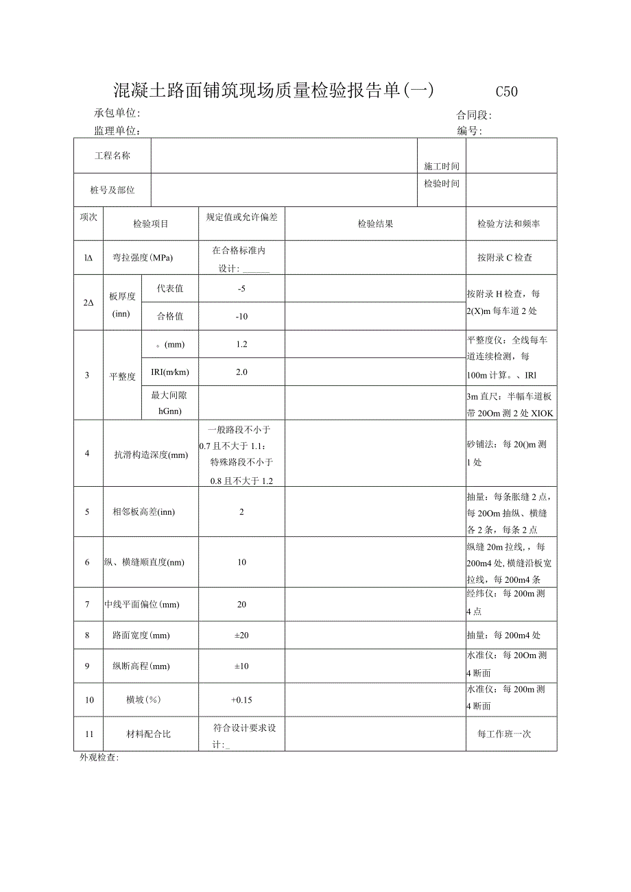 市政工程混凝土路面铺筑现场质量检验报告单(示范文本).docx_第1页