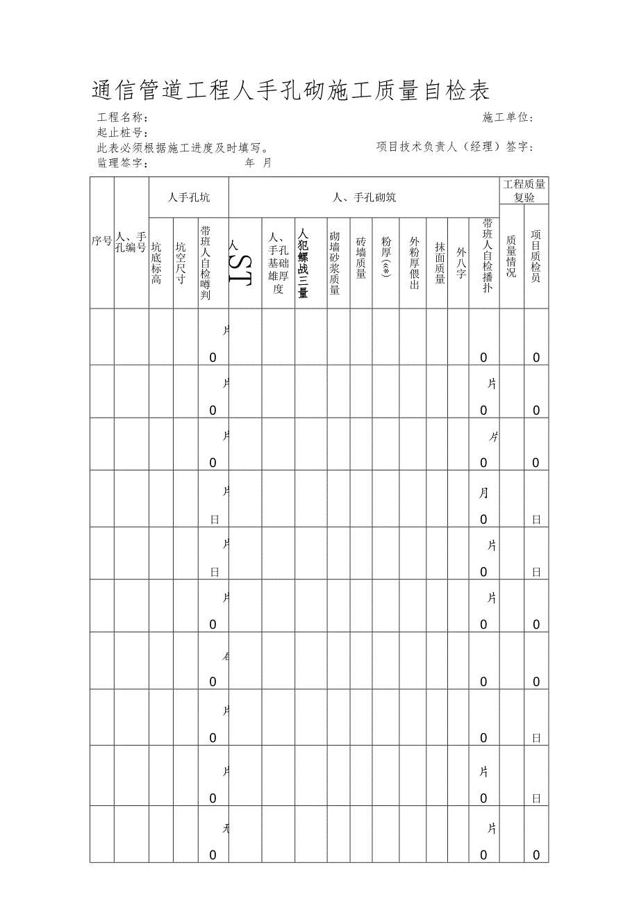 通信管道工程人手孔砌施工质量自检表.docx_第1页