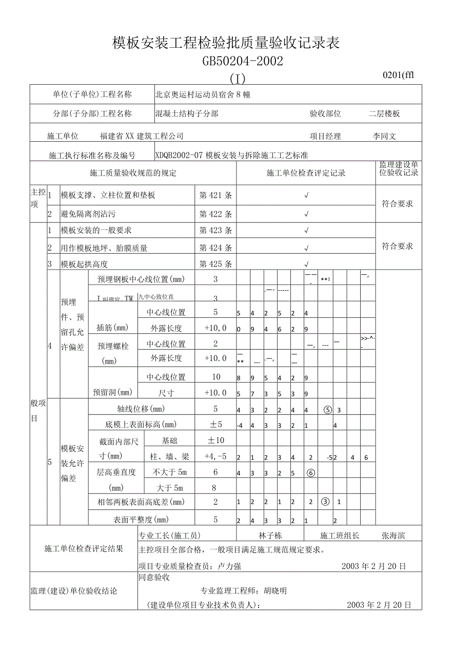 模板安装工程检验批质量验收记录表.docx_第1页