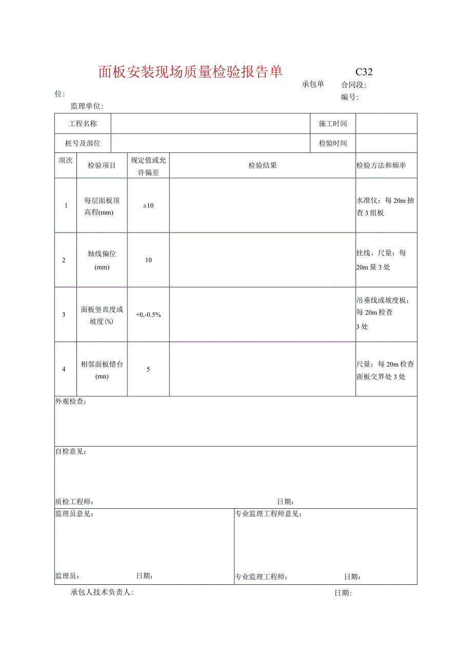 市政工程面板安装现场质量检验报告单-(示范文本).docx_第1页