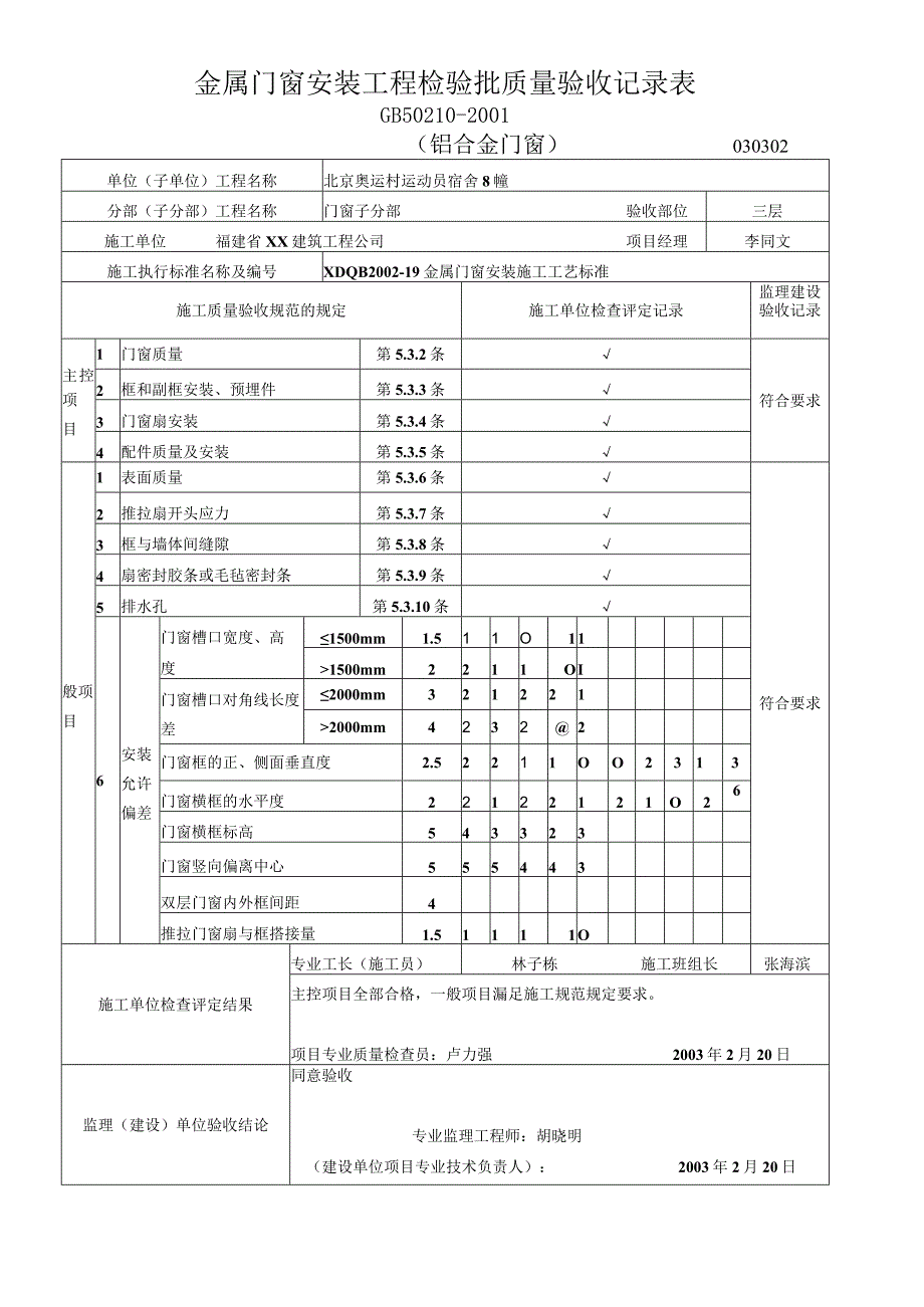 金属门窗安装工程检验批质量验收记录表.docx_第1页