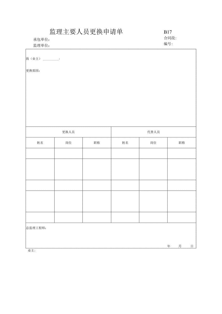 市政工程监理主要人员更换申请单(示范文本).docx_第1页