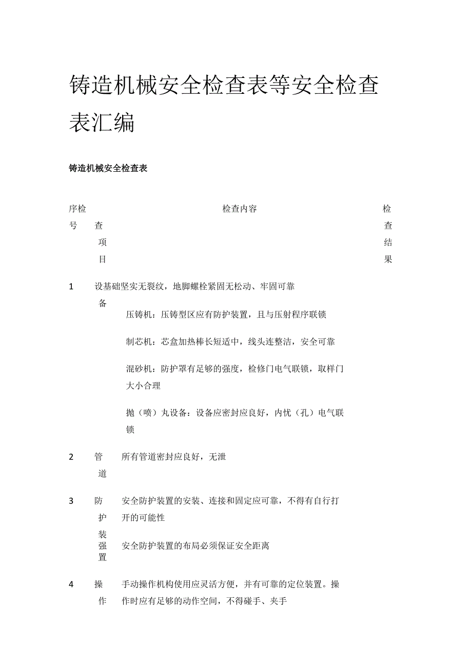 铸造机械安全检查表等 安全检查表汇编(全).docx_第1页