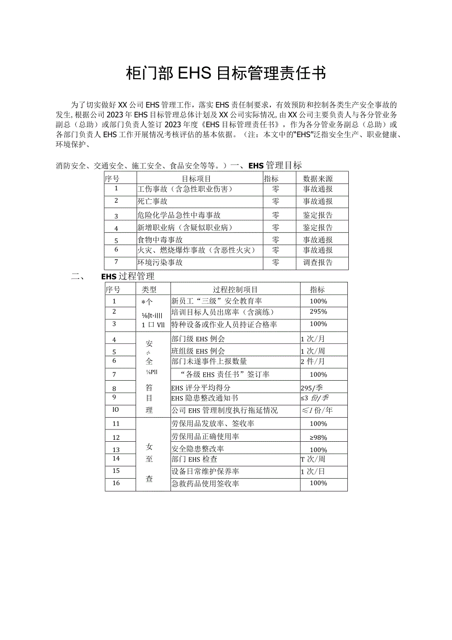 柜门部EHS目标管理责任书.docx_第1页