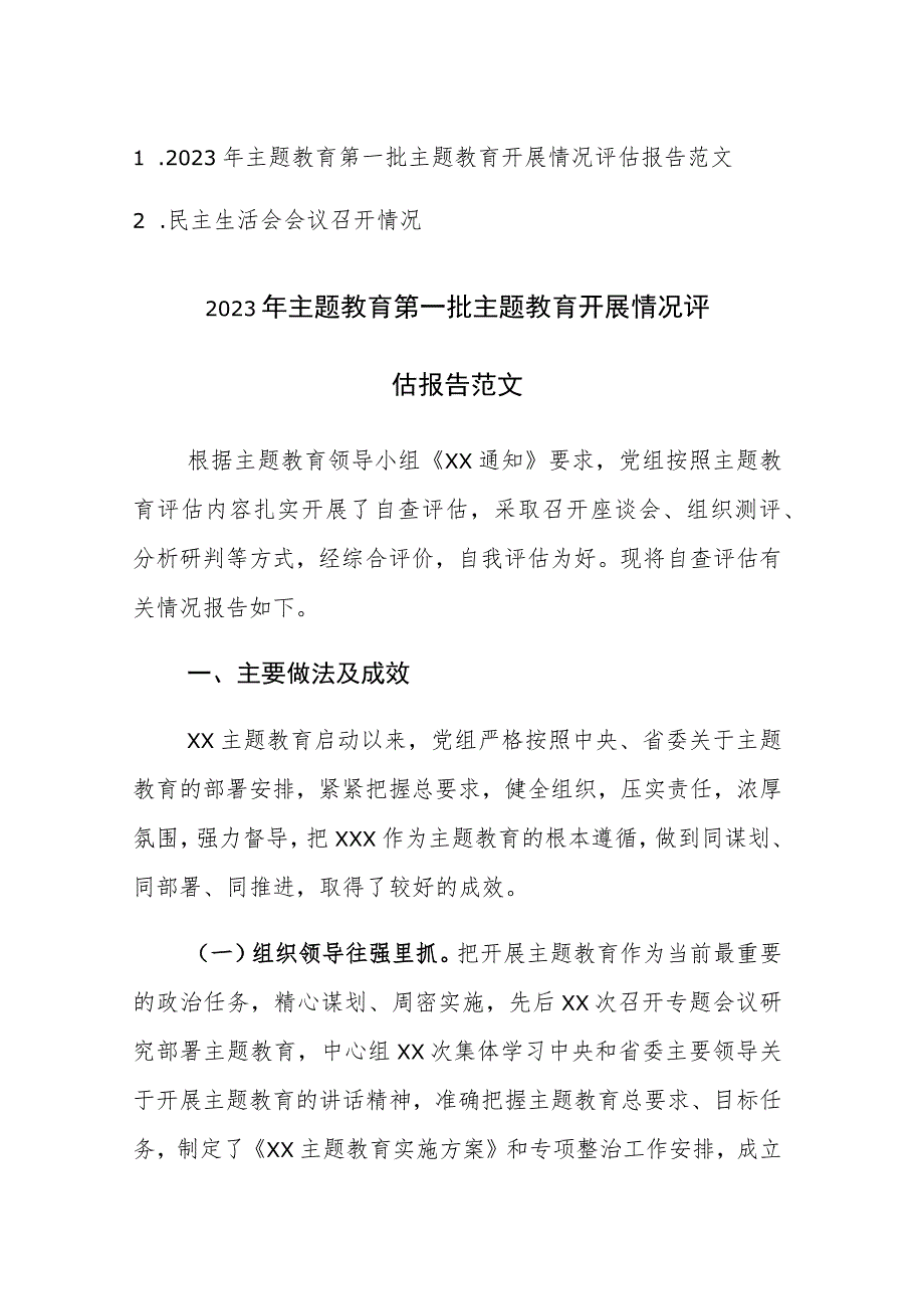 2023年主题教育第一批主题教育开展情况评估报告及民主生活会开展情况报告范文2篇.docx_第1页