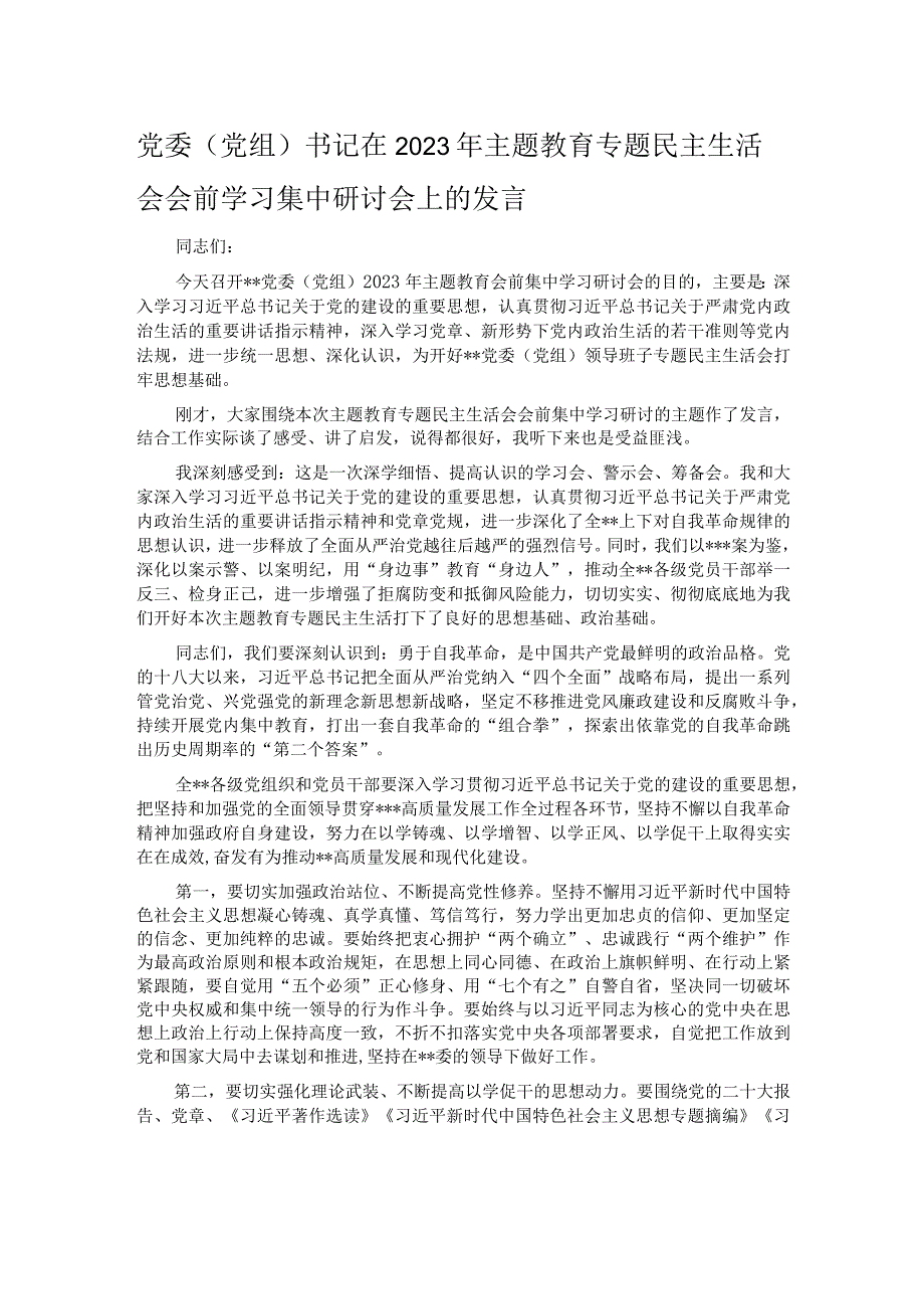 党委（党组）书记在2023年主题教育专题民主生活会会前学习集中研讨会上的发言.docx_第1页