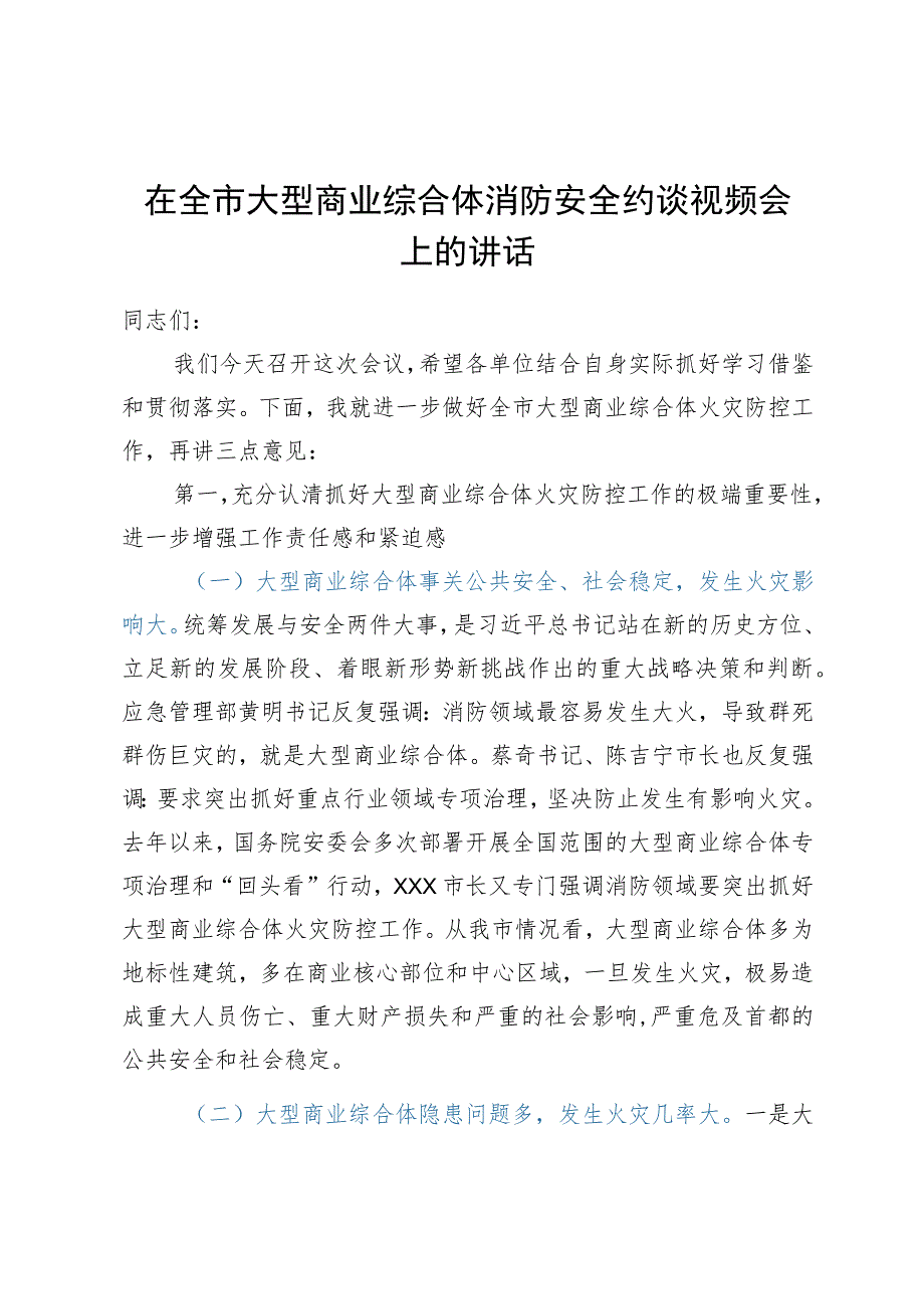 在全市大型商业综合体消防安全约谈视频会上的讲话.docx_第1页