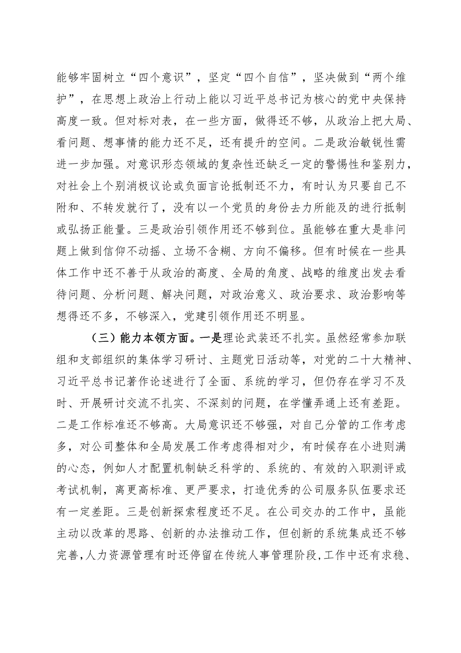 国有企业分管领导2023年主题教育专题民主生活会个人对照检查材料（学习、素质、能力、担当作为、作风检视剖析发言提纲公司）.docx_第2页