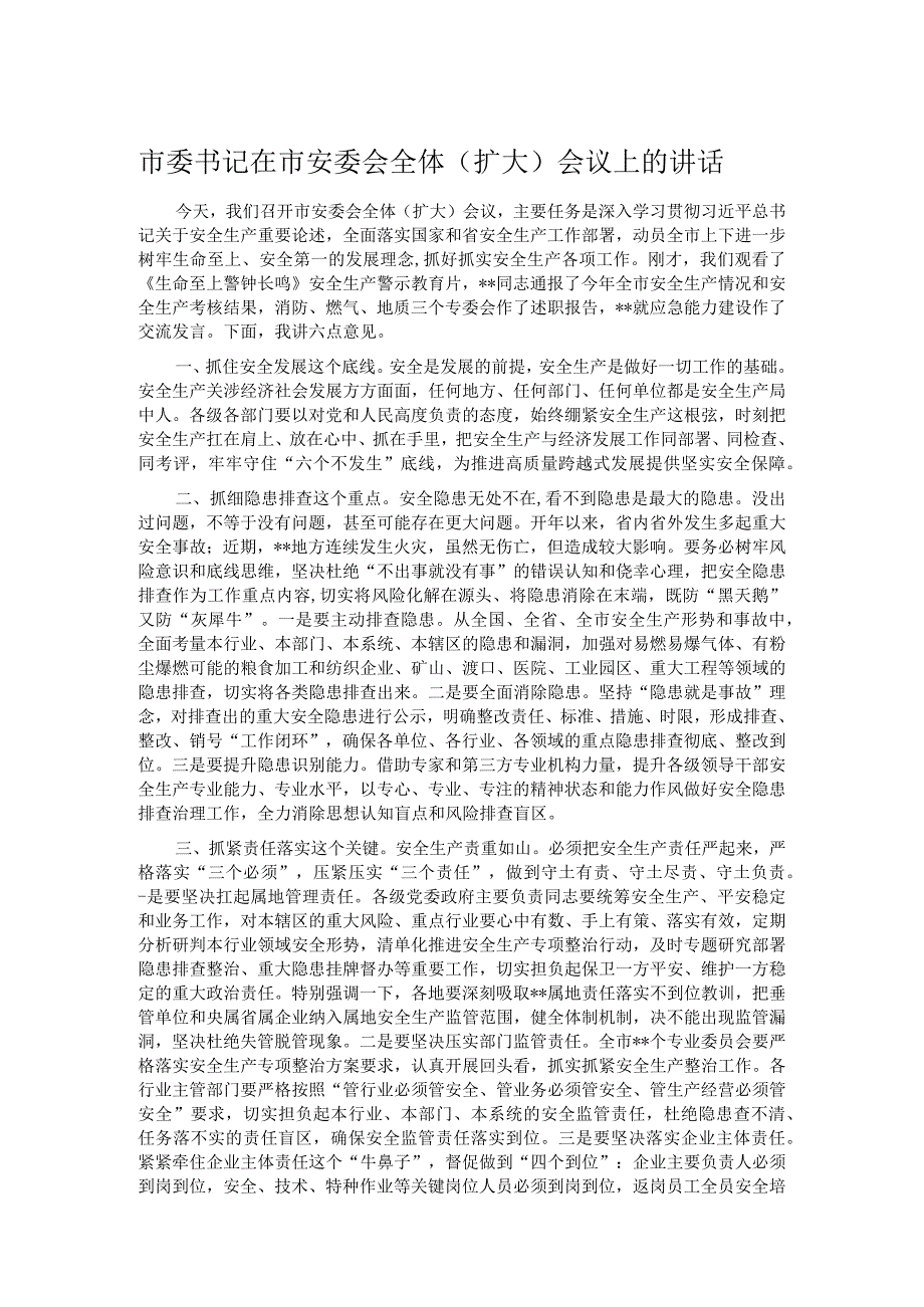 市委书记在市安委会全体（扩大）会议上的讲话.docx_第1页