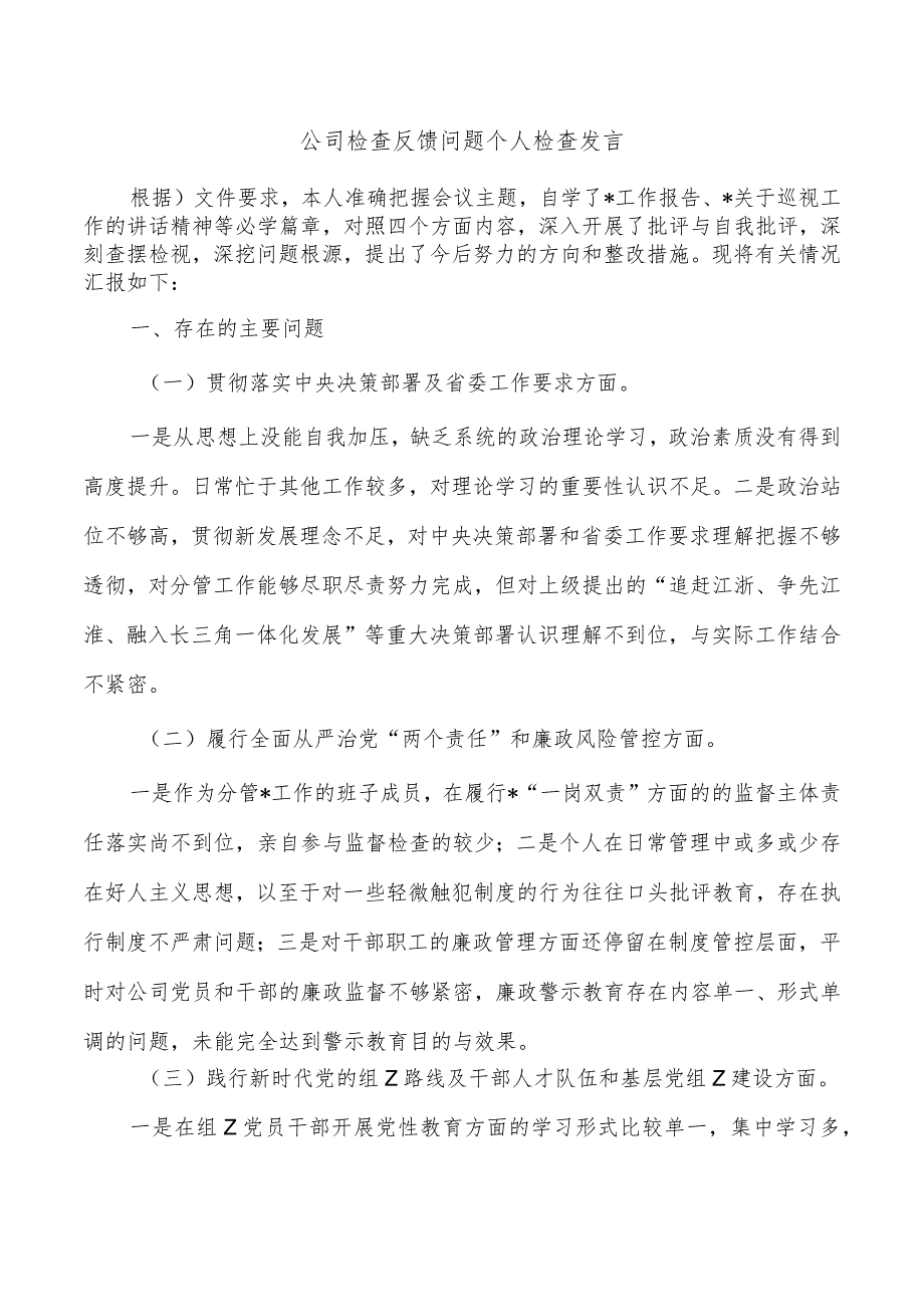 公司检查反馈问题个人检查发言.docx_第1页