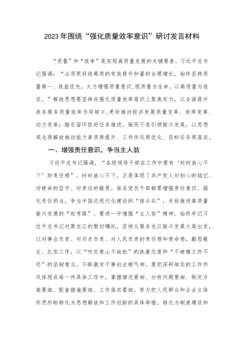 2023年围绕“强化质量效率意识”研讨发言材料.docx_第1页