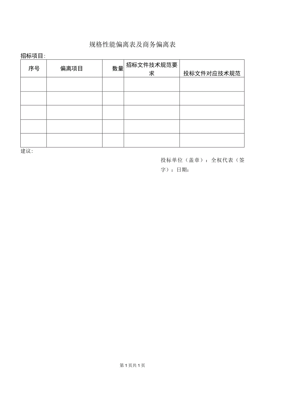 规格性能偏离表及商务偏离表48(2023年).docx_第1页