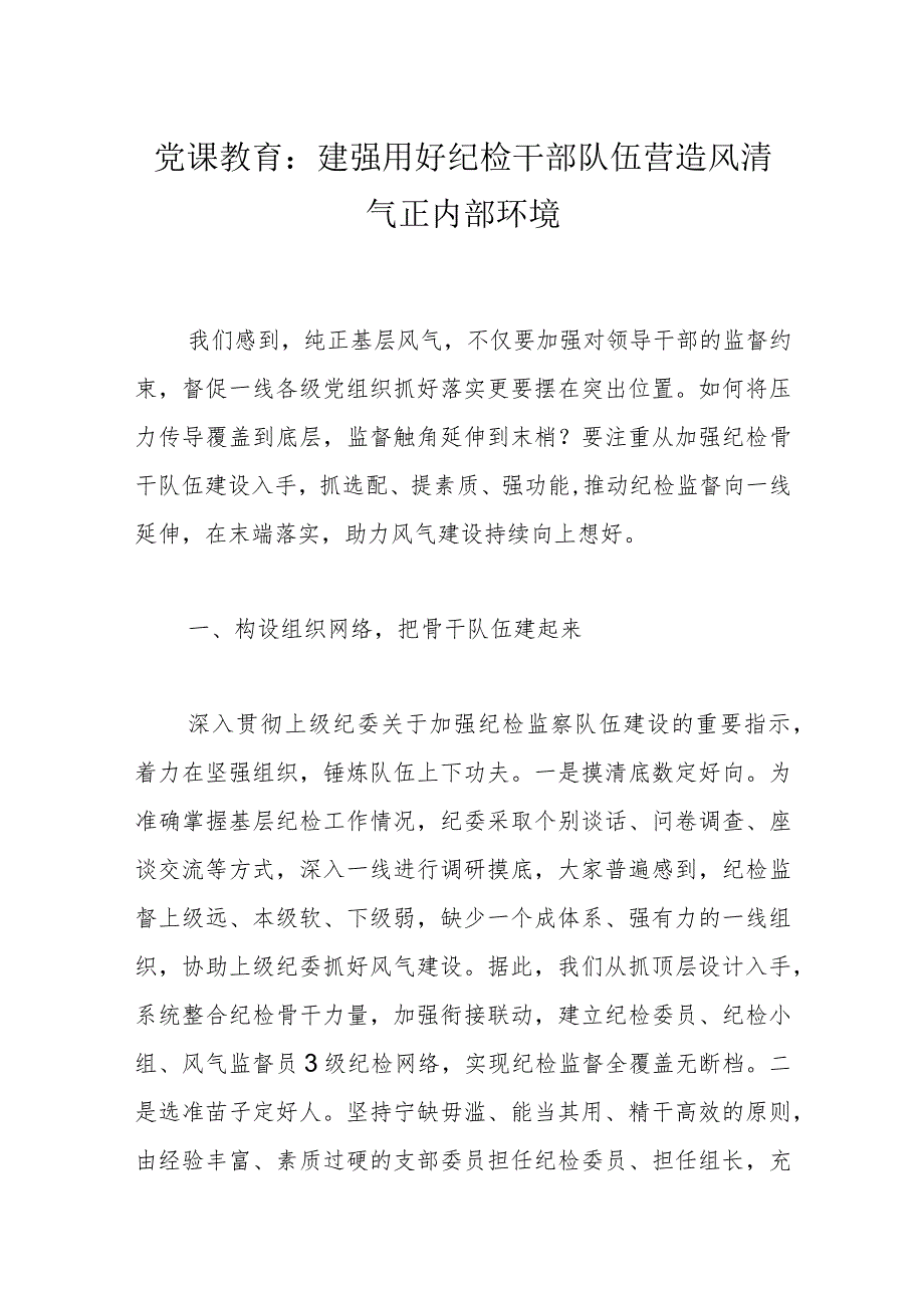 党课教育：建强用好纪检干部队伍营造风清气正内部环境.docx_第1页