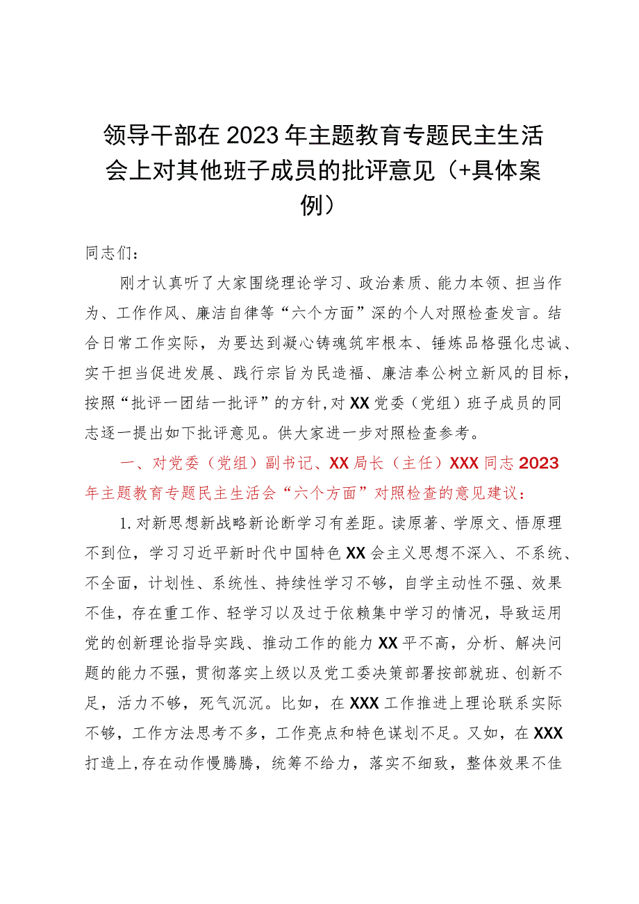 领导干部在2023年主题教育专题民主生活会上对其他班子成员的批评意见（＋具体案例）.docx_第1页