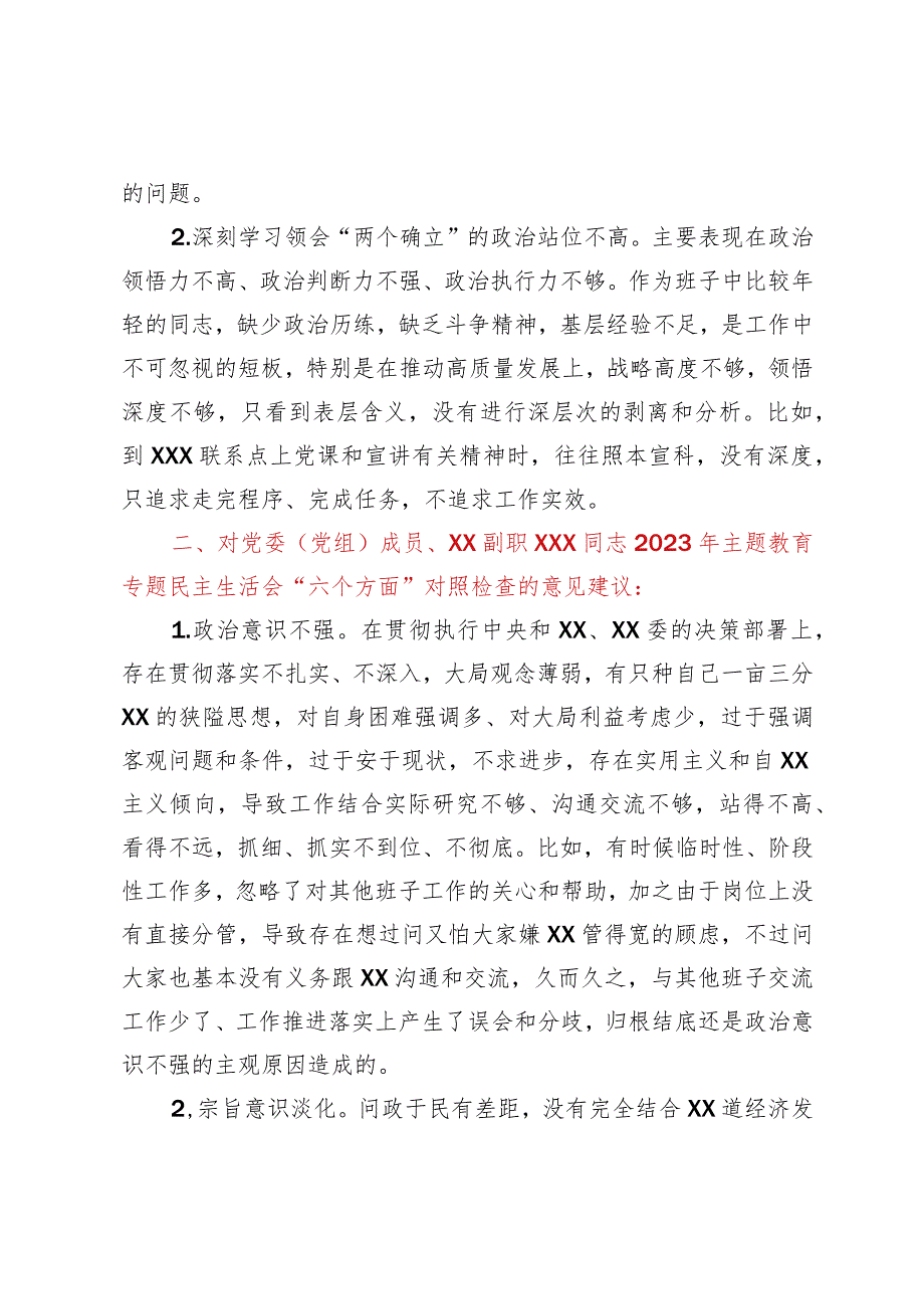 领导干部在2023年主题教育专题民主生活会上对其他班子成员的批评意见（＋具体案例）.docx_第2页