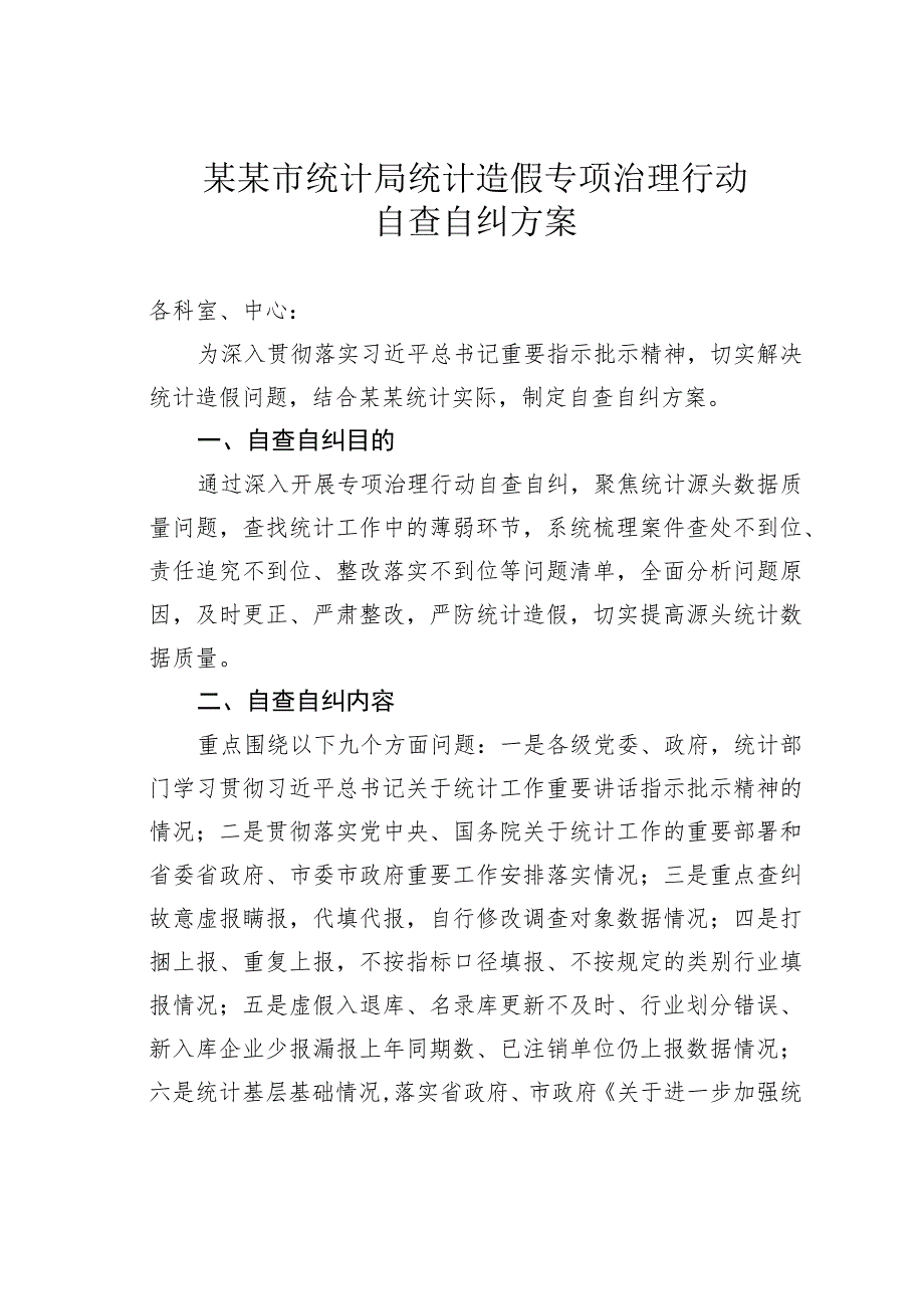 某某市统计局统计造假专项治理行动自查自纠方案.docx_第1页