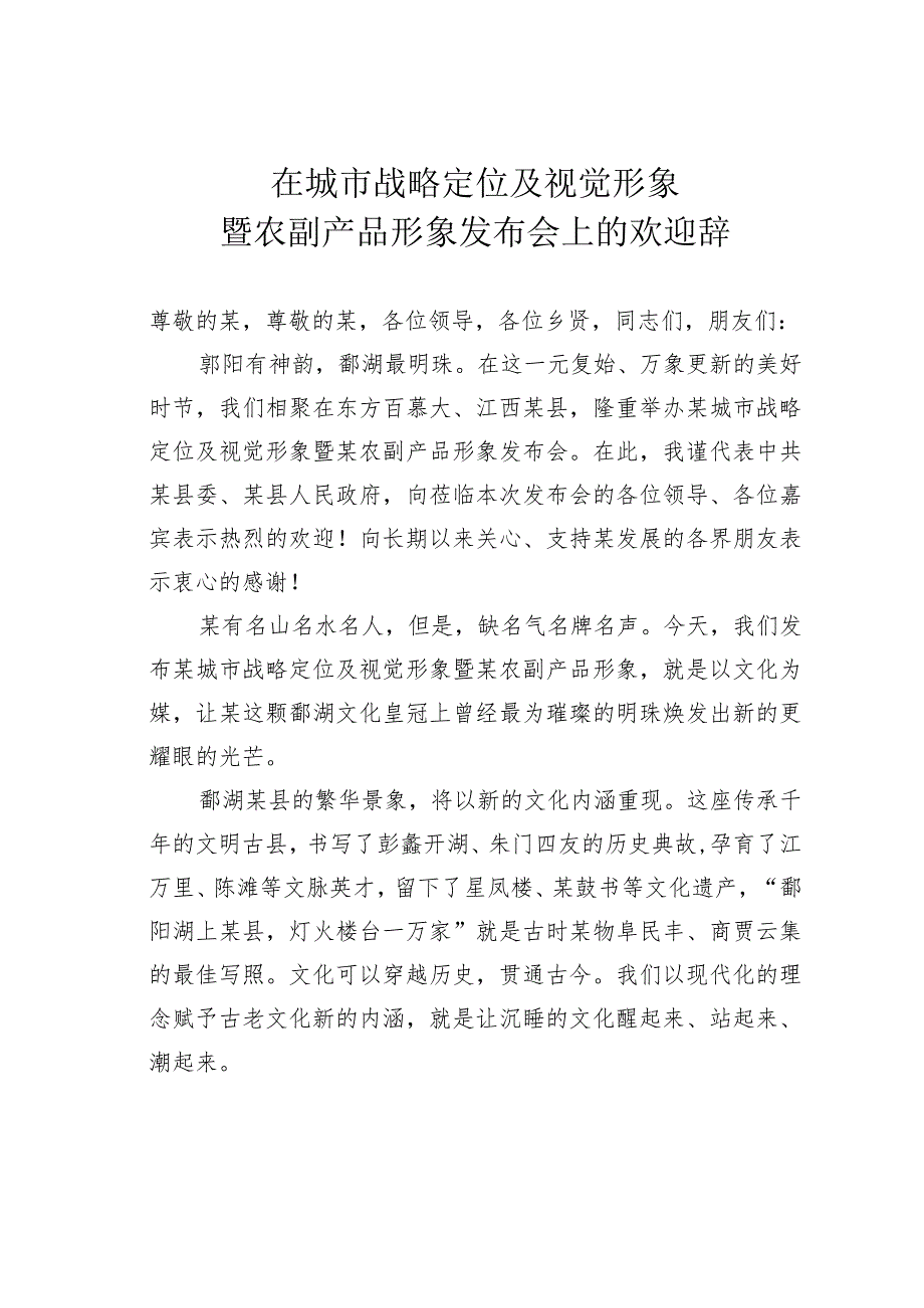 在城市战略定位及视觉形象暨农副产品形象发布会上的欢迎辞.docx_第1页