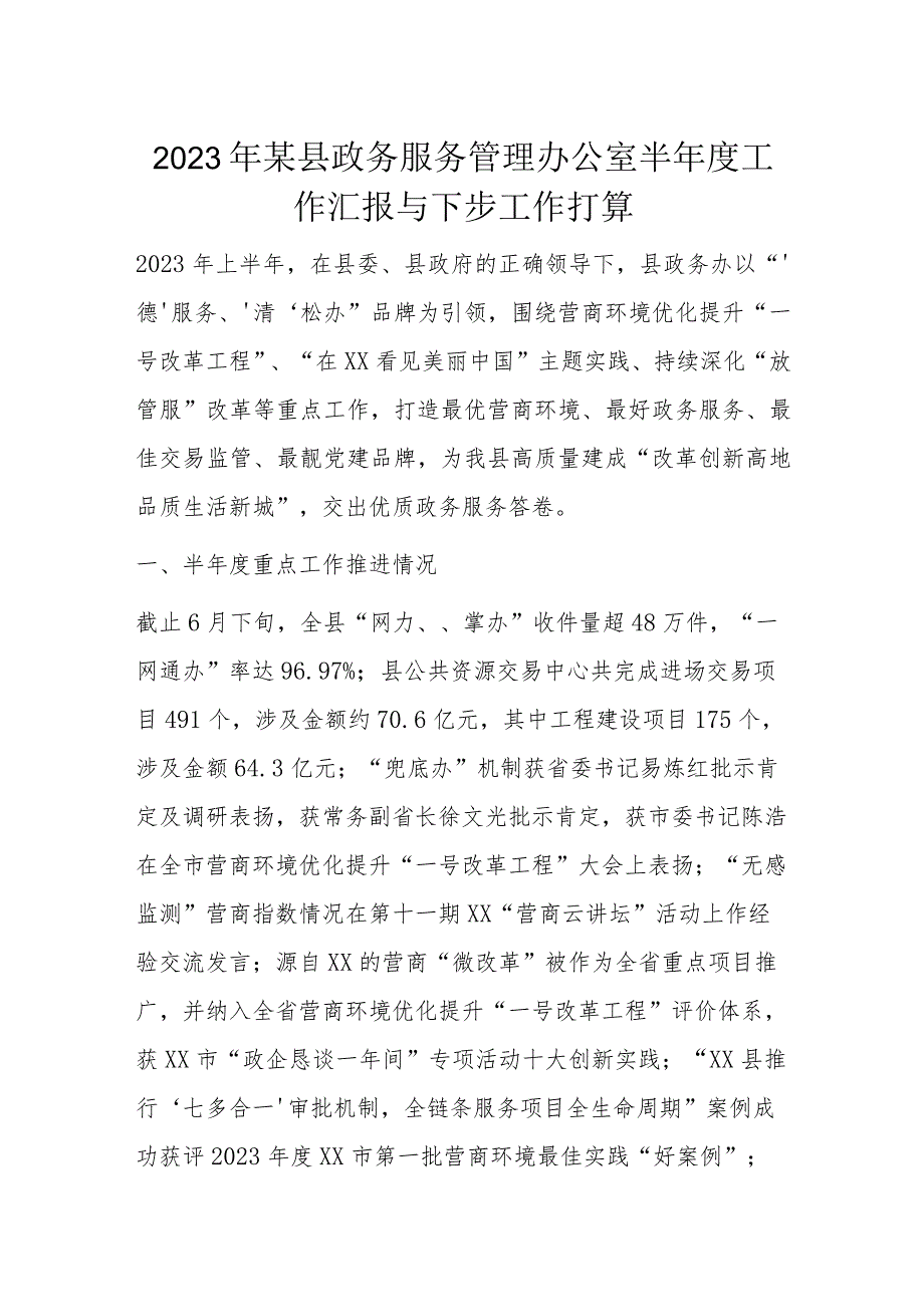 2023年某县政务服务管理办公室半年度工作汇报与下步工作打算.docx_第1页