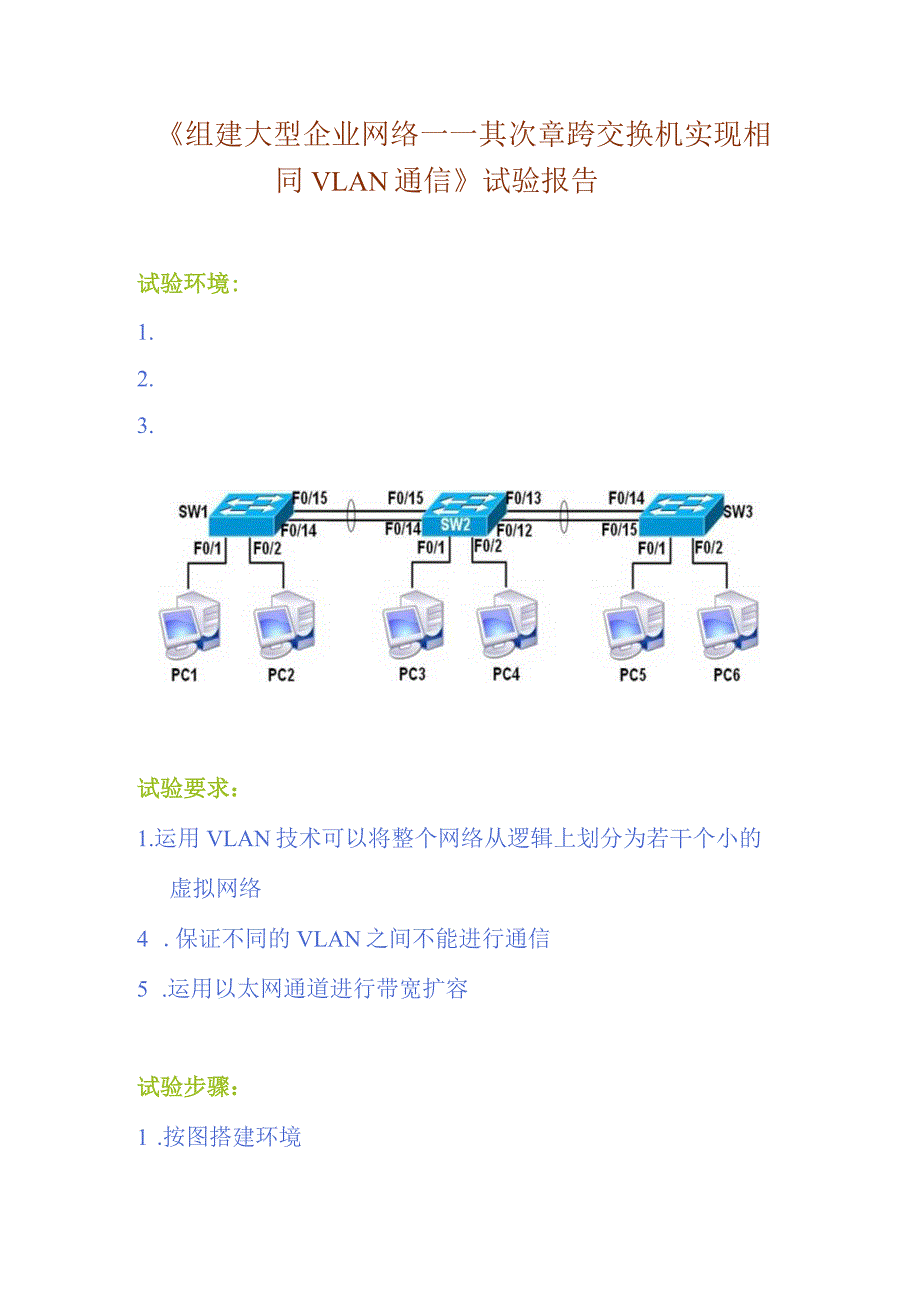 《组建大型企业网络——第二章 跨交换机实现相同VLAN通信 》实验报告.docx_第1页