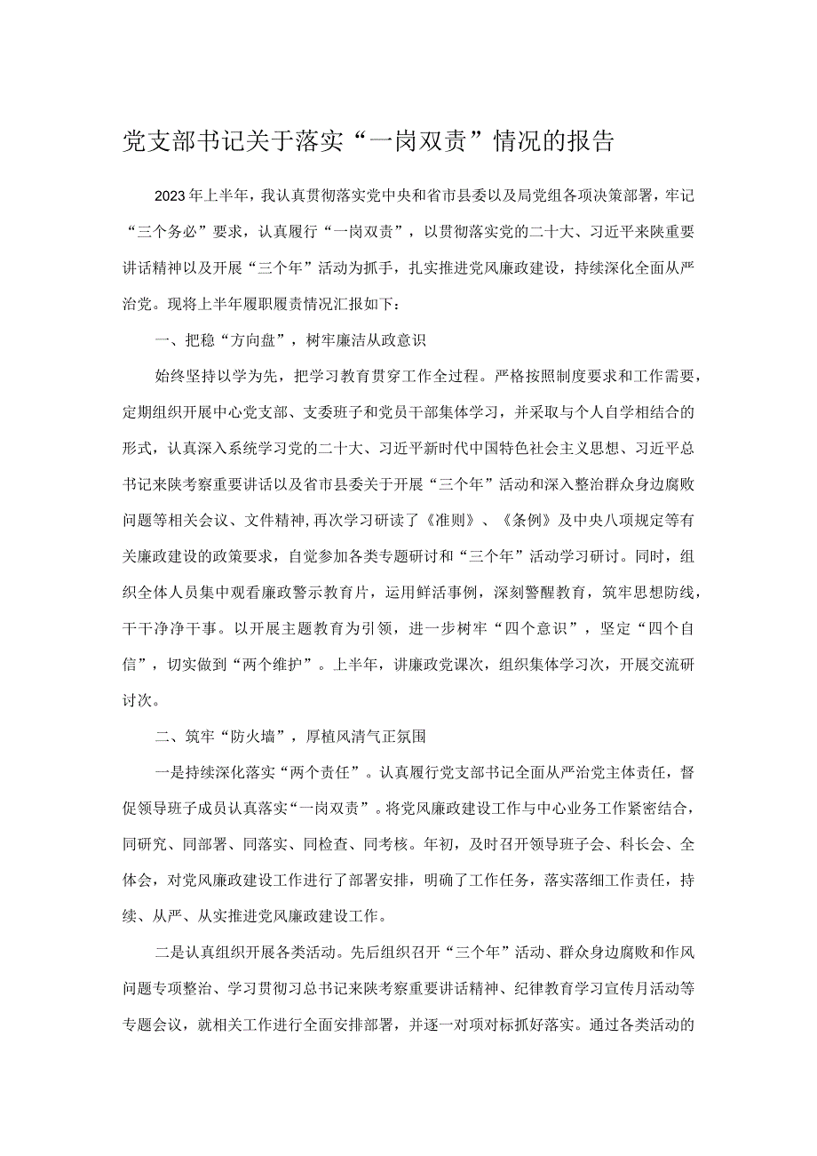 党支部书记关于落实“一岗双责”情况的报告.docx_第1页