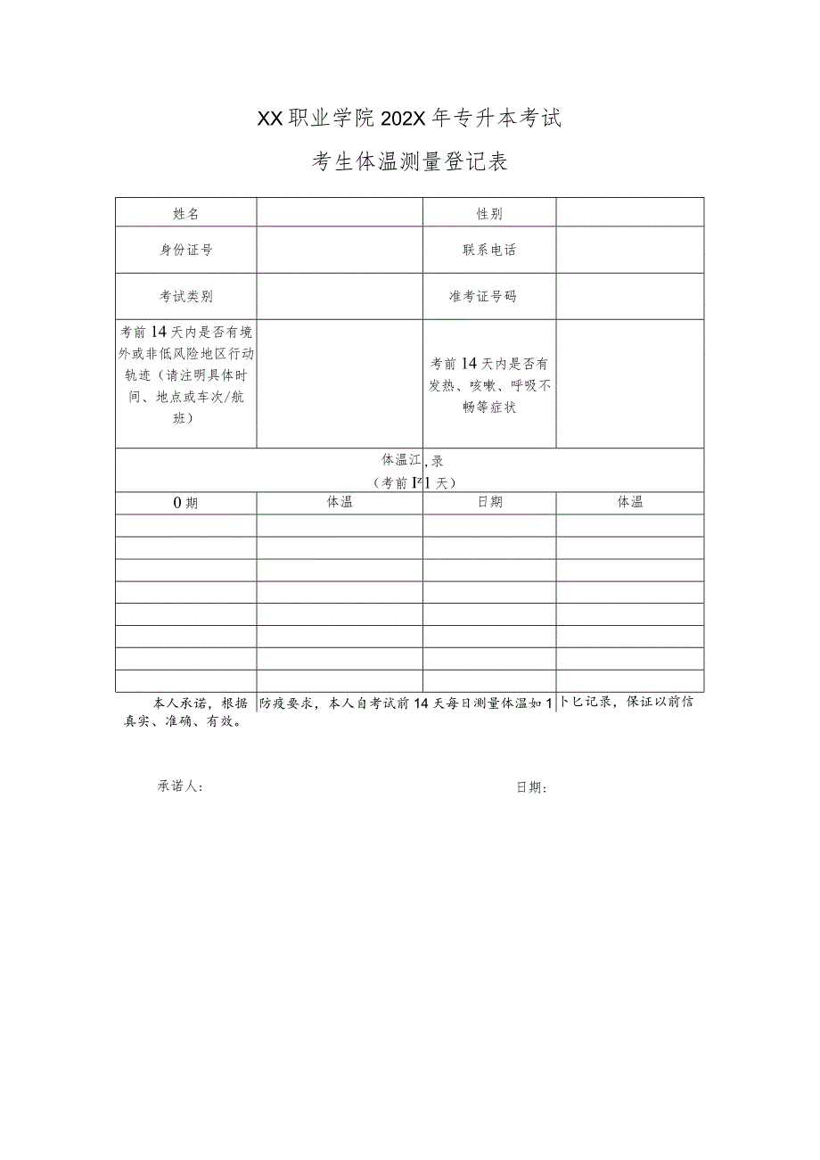 XX职业学院202X年专升本考试考生体温测量登记表.docx_第1页