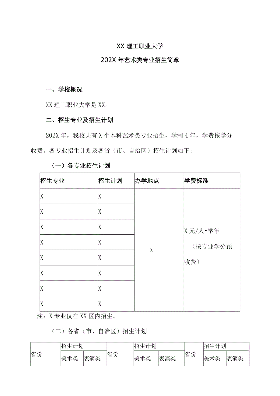 XX理工职业大学202X年艺术类专业招生简章.docx_第1页