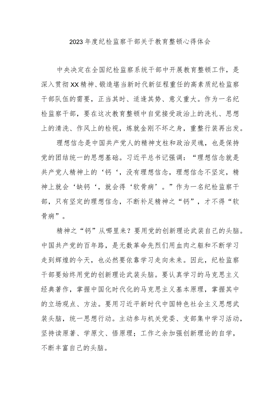 2023年度纪检监察干部关于教育整顿心得体会.docx_第1页