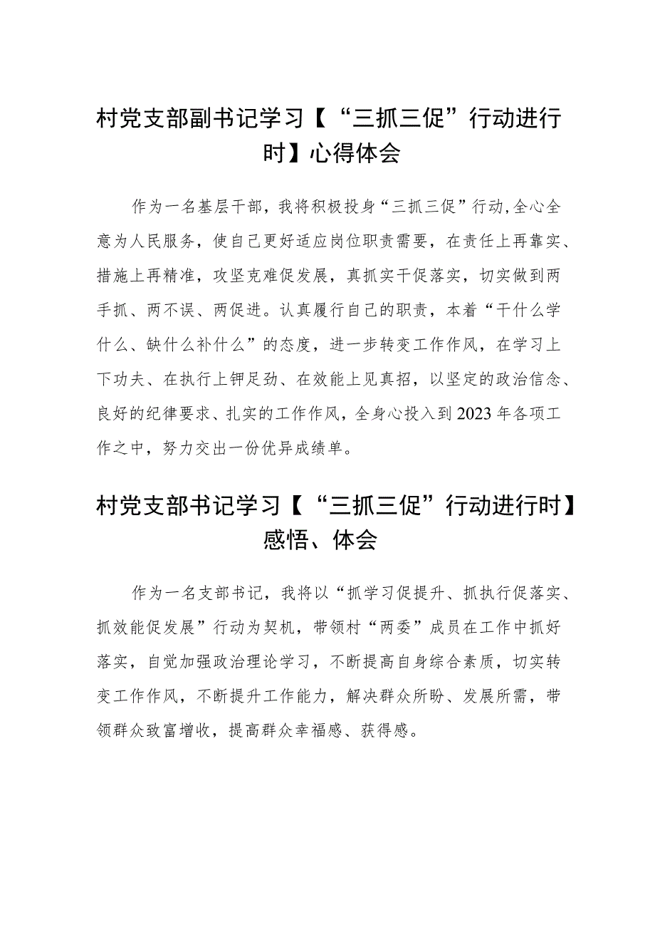 村党支部副书记学习【“三抓三促”行动进行时】心得体会(精选三篇).docx_第1页