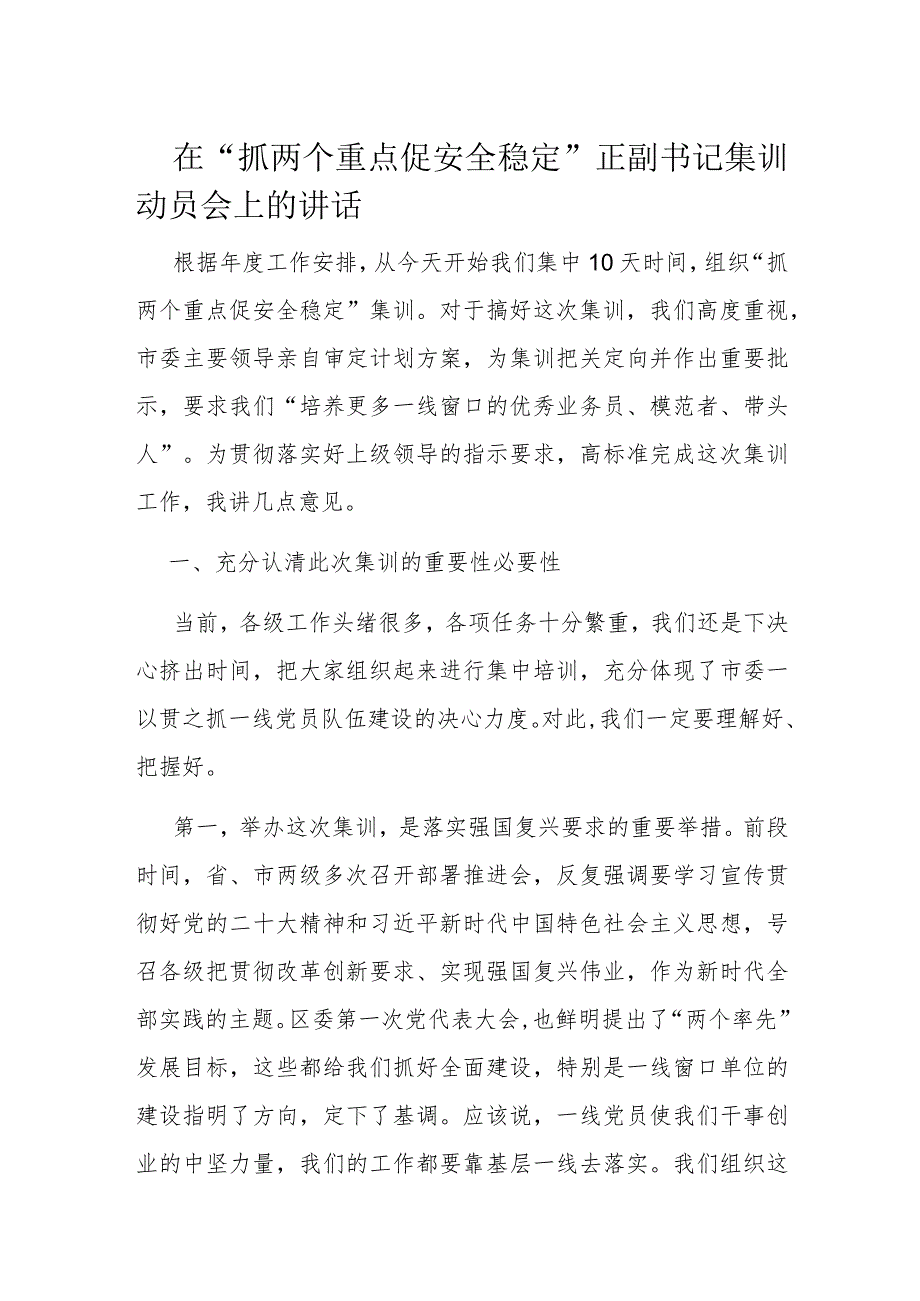 在“抓两个重点促安全稳定”正副书记集训动员会上的讲话.docx_第1页