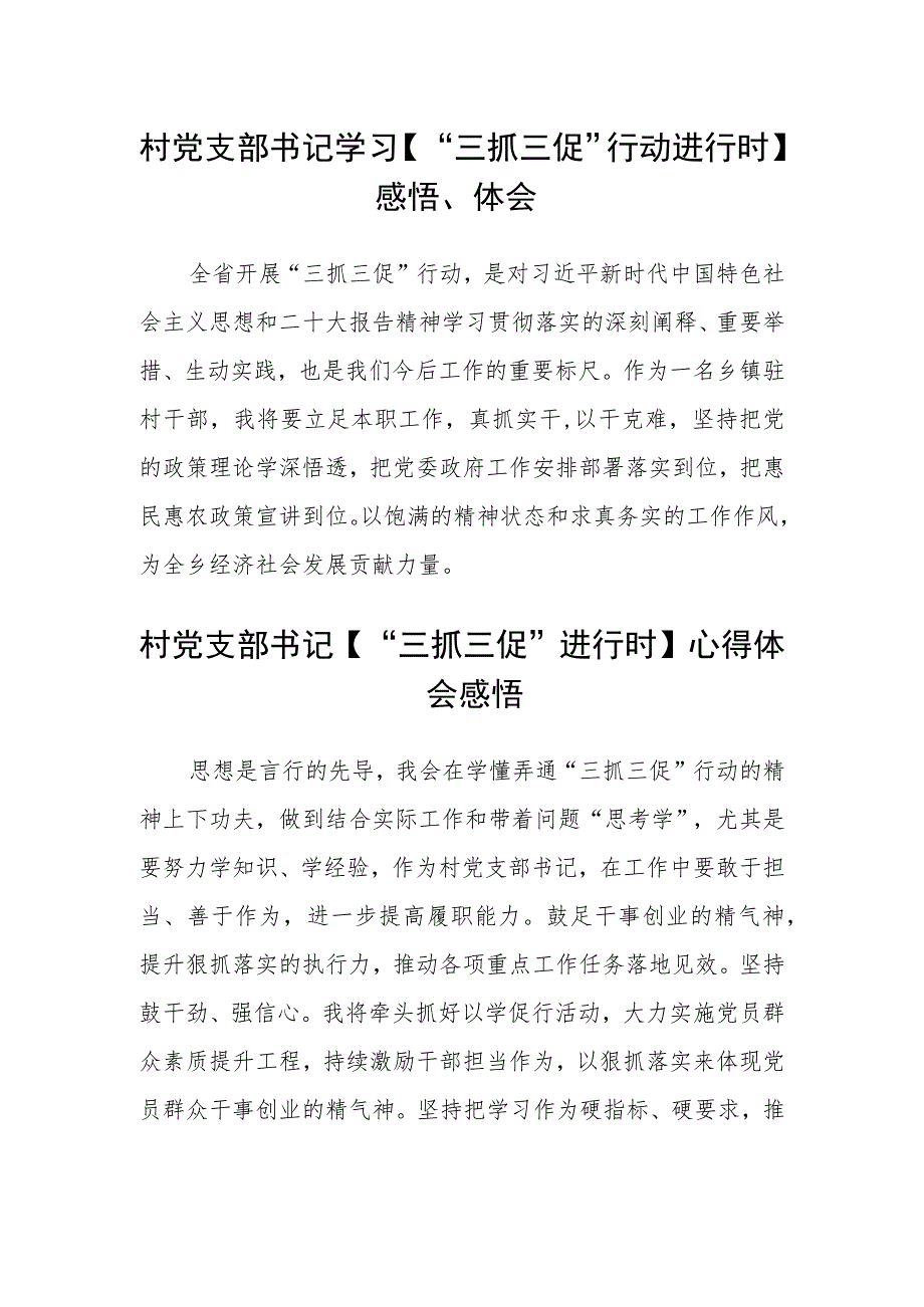 村党支部书记学习【“三抓三促”行动进行时】感悟、体会(通用三篇).docx_第1页