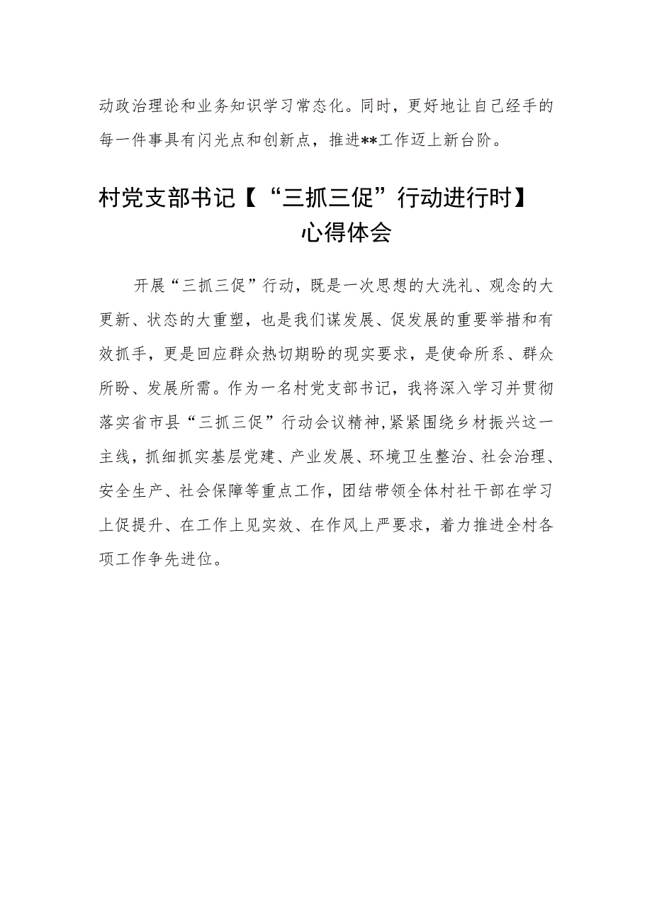 村党支部书记学习【“三抓三促”行动进行时】感悟、体会(通用三篇).docx_第2页