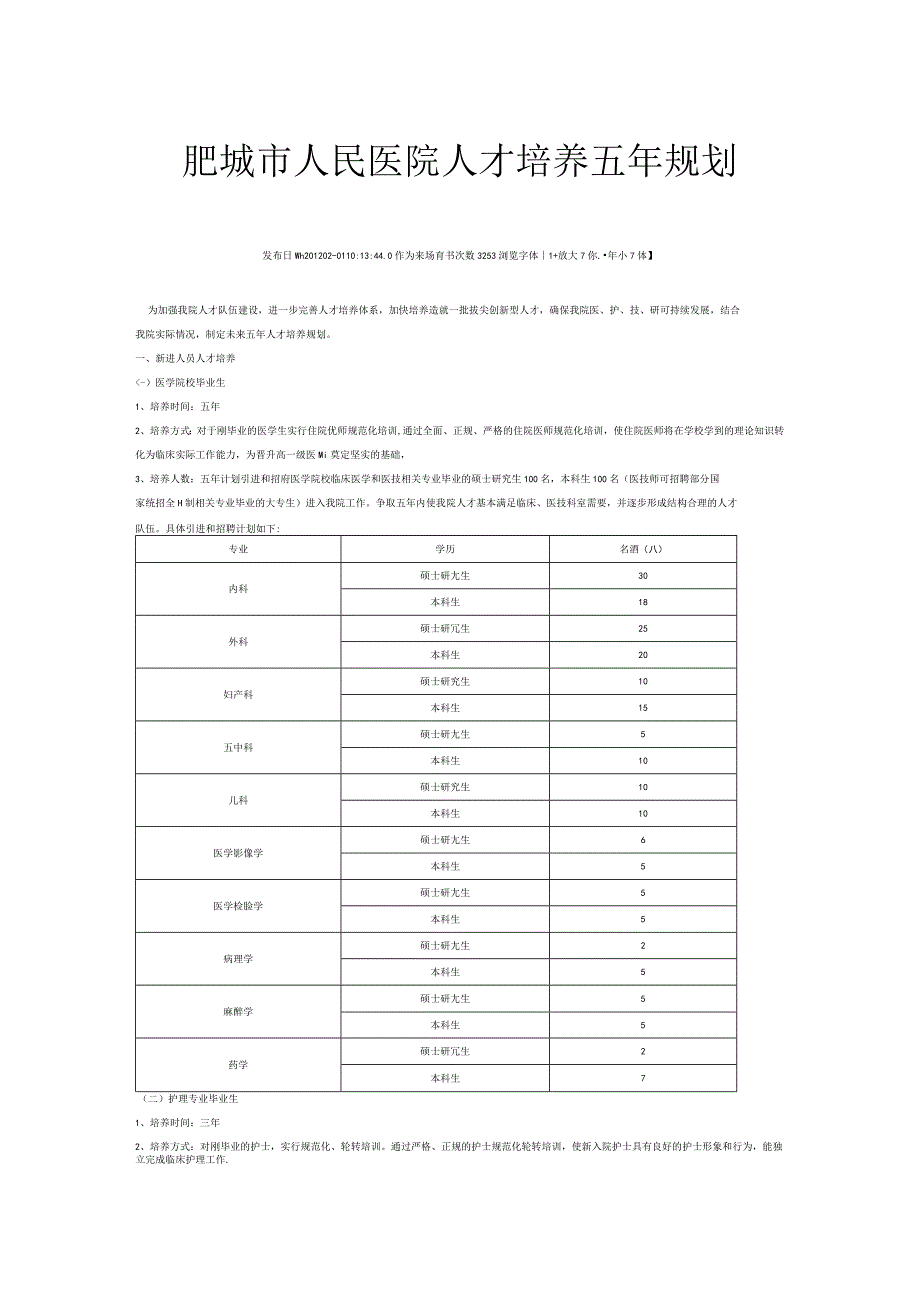 肥城市人民医院人才培养五年规划.docx_第1页